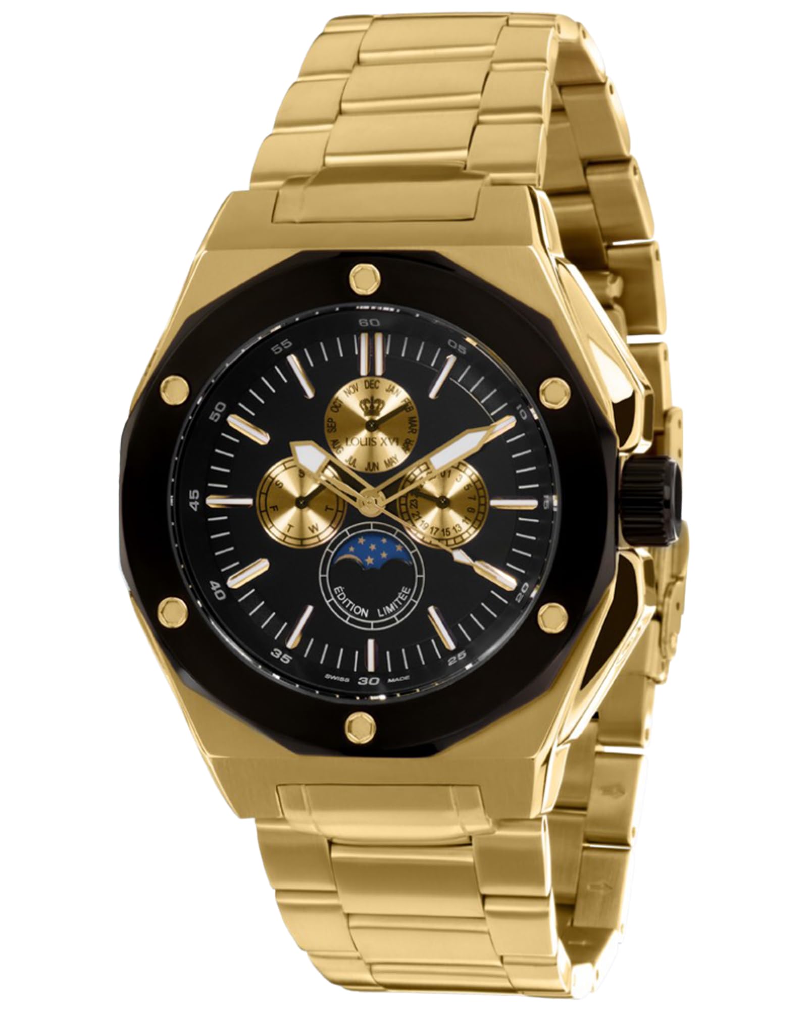LOUIS XVI Herren-Armbanduhr Le Souverain Stahlband Gold Schwarz Mondphase Analog Quarz Edelstahl 626