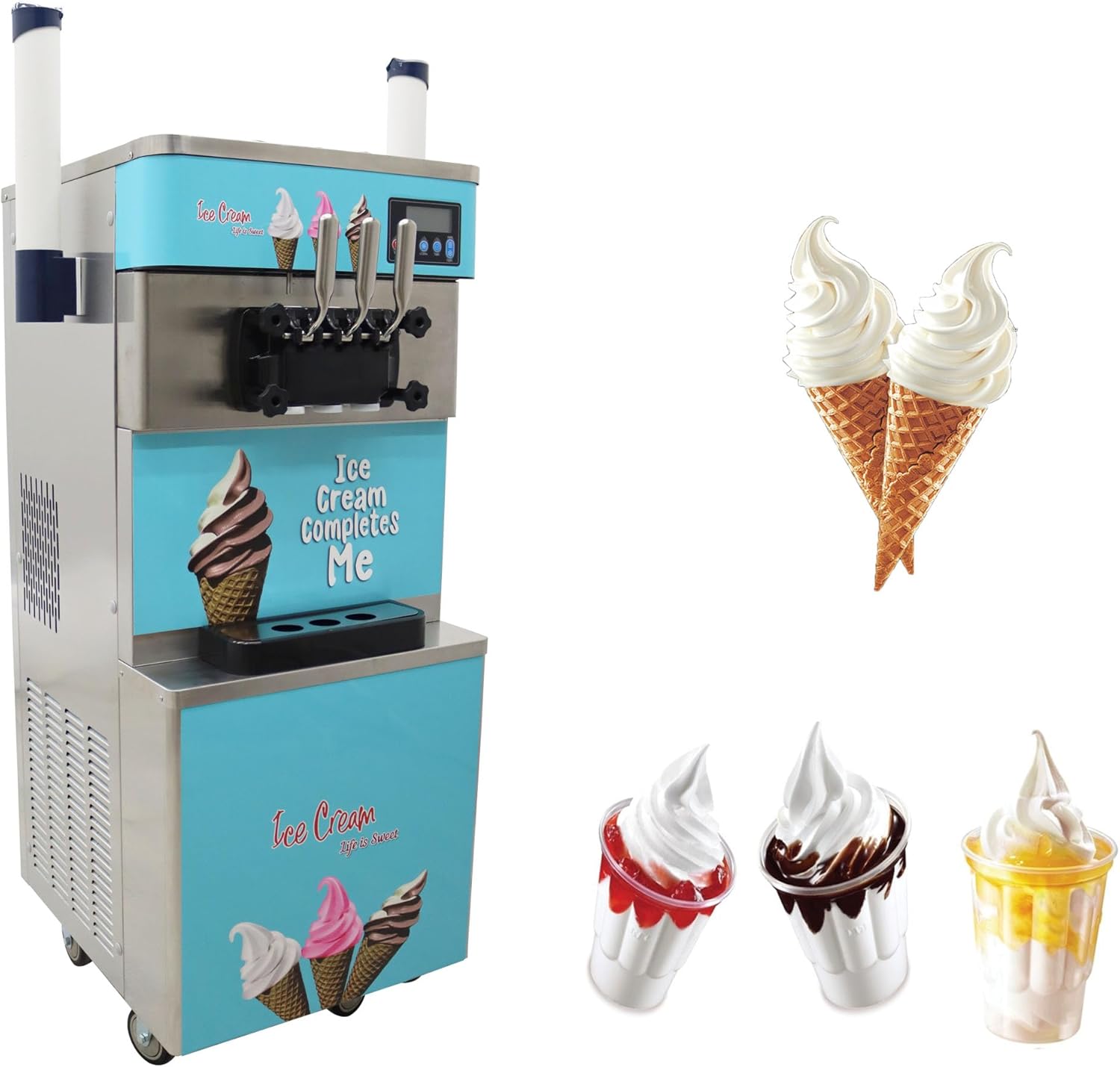 3 Flavors Commercial Soft Serve Ice Cream Machine Pre-cooling Function Soft Ice Cream Maker with LCD Panel 6.6-9.2 Gallon/H Perfect Ice Cream Machine for Bars Coffee Shop Supermarket
