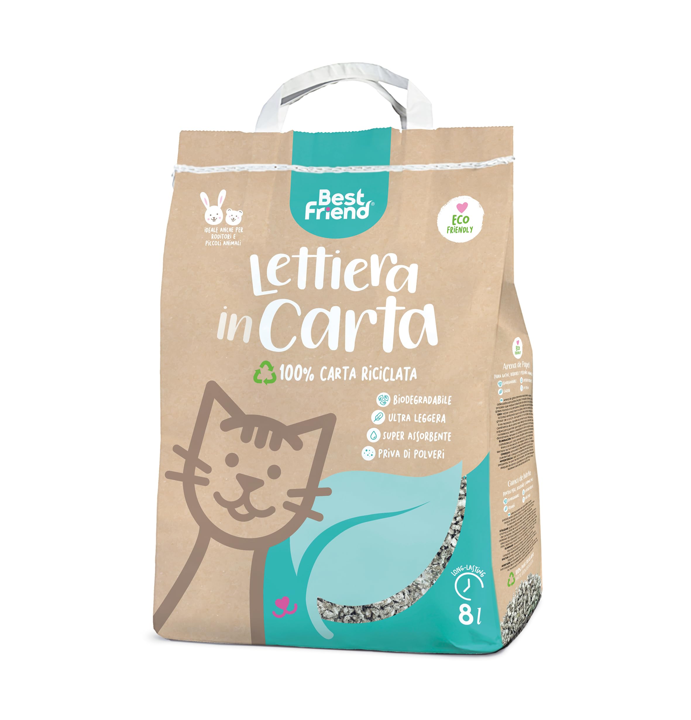 Best Friend - Arenero para Gatos de Papel. Arena para Gatos Extra Absorbente de Papel. Se Elimina en el orgánico o en el Inodoro. Arena para Gatos Libre de Polvo y súper Ligera. | Paquete de 5, 8 l
