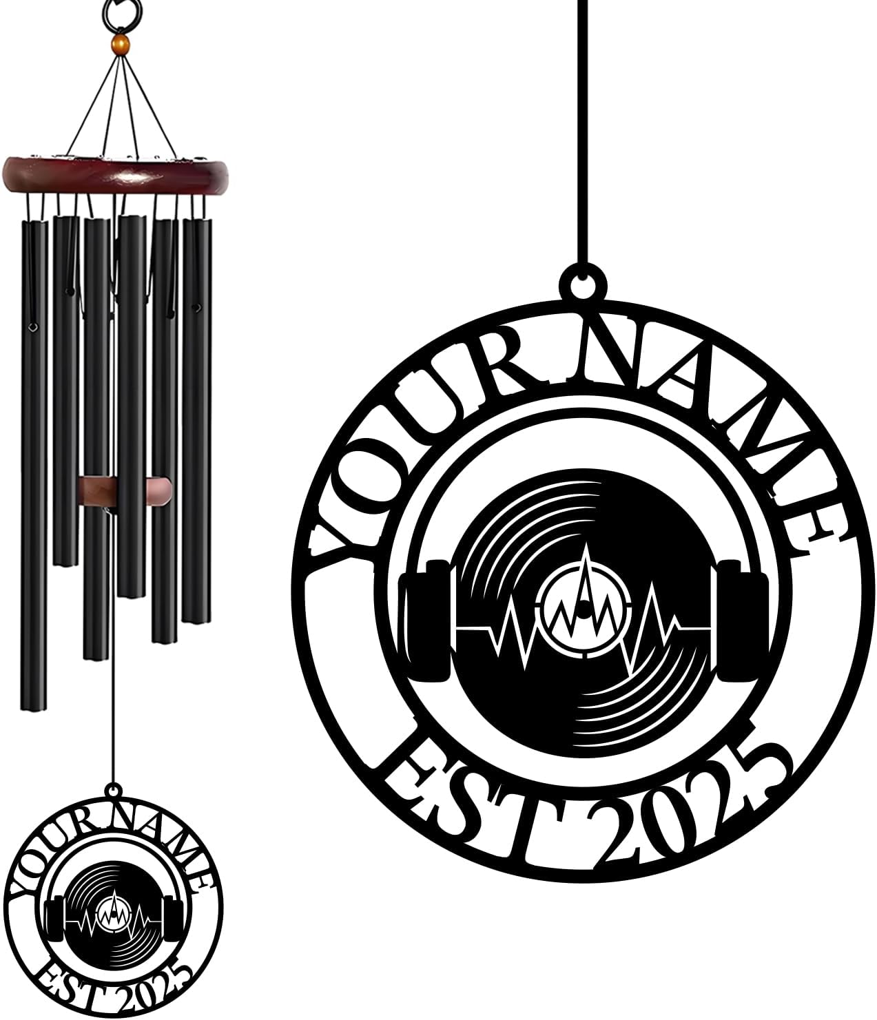 Personalized Customize Name Music Wind Chime, Metal Iron 37 Inch Outdoor Memorial Gift for Garden Yard Patio Home Decor, Black (Style B)