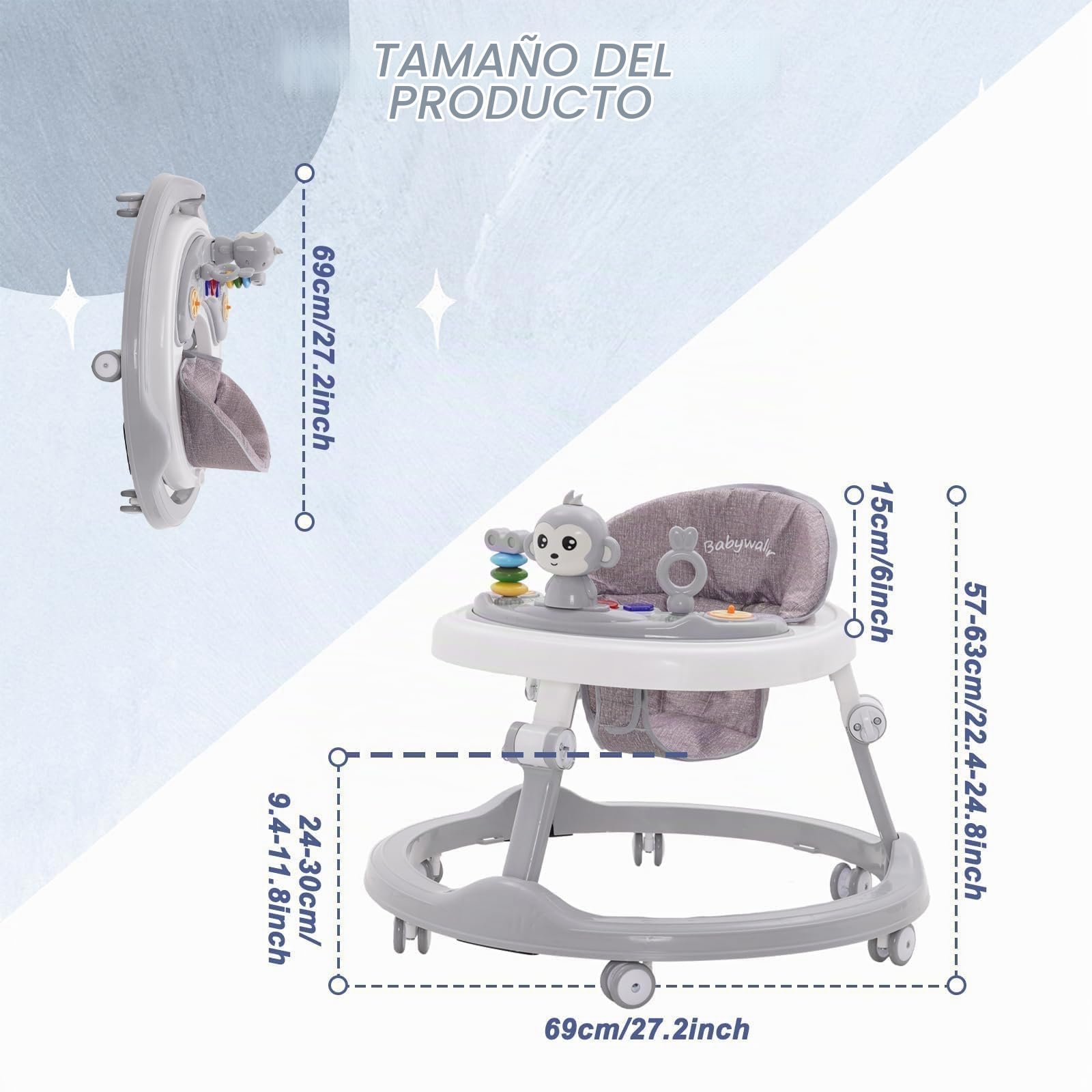 Andador para bebés a prueba de vuelcos Andador de plástico aprendizaje Montessori aprendizaje musical 4 en 1 juguete para exteriores andador ayuda para caminar gris