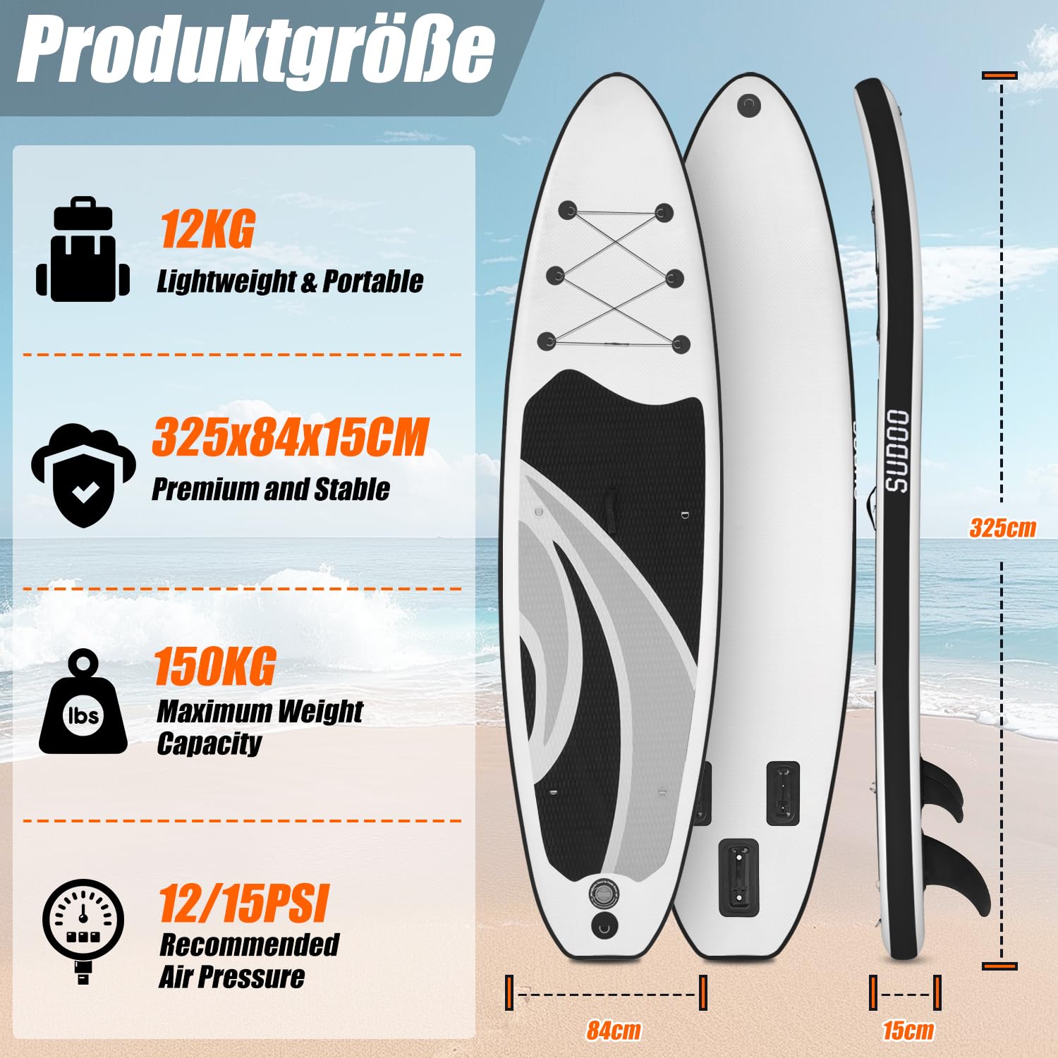 Deska SUP Stand Up Paddling Board, 300 cm, 325 cm, nadmuchiwana deska do wiosła stojącego, nośność do 150 kg, kompletne akcesoria z wiosłem, płetwami, pompką