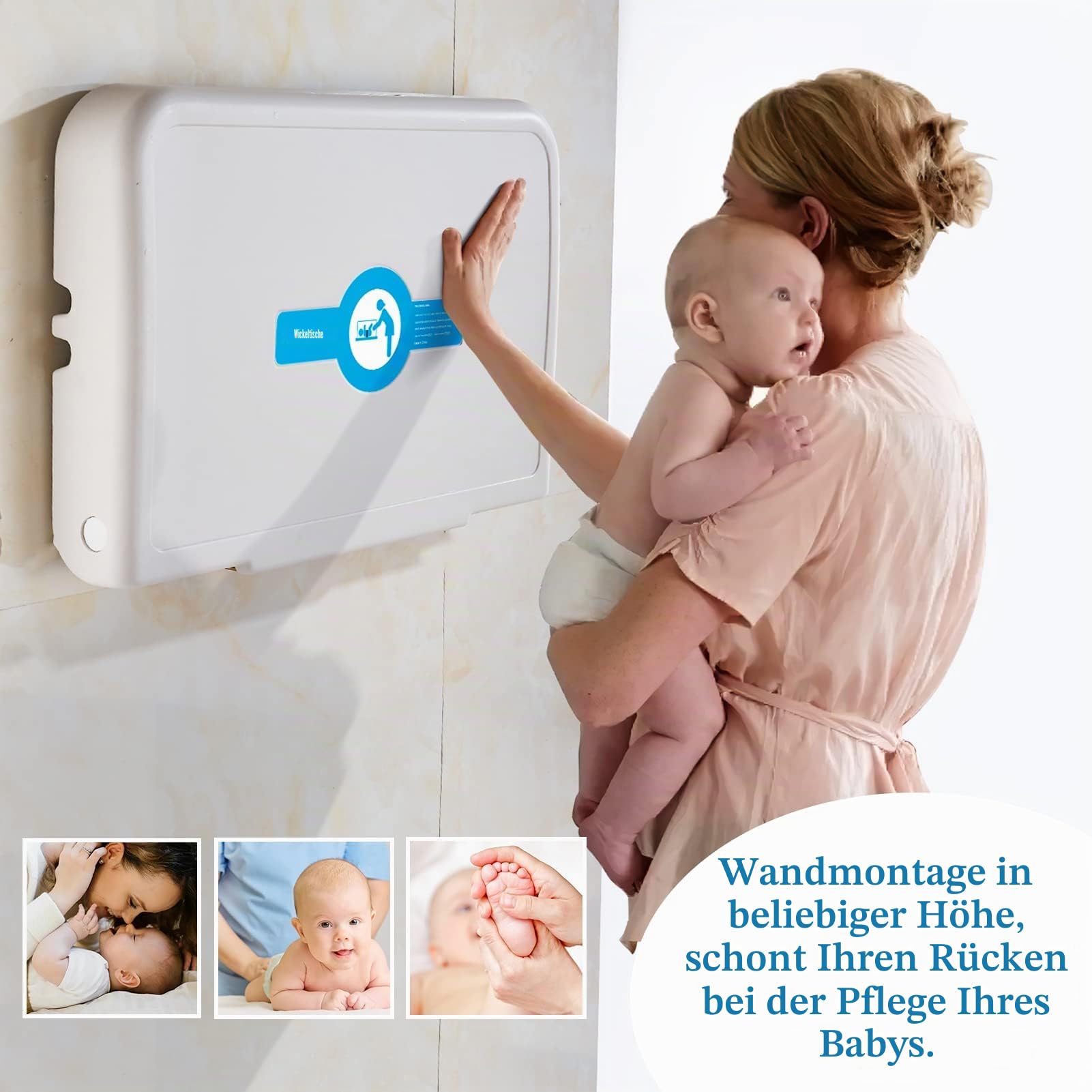 Wandmontierter Wickeltisch, klappbarer Wickeltisch, Wickelstation mit Sicherheitsgurt, horizontaler Wickeltisch für Windeln, Wickelstation für öffentliche Toiletten