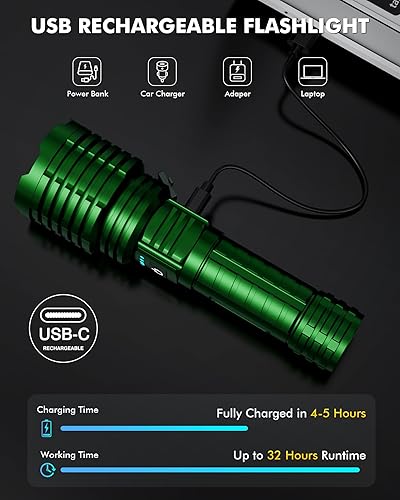 Miniatura 5 de Linterna súper brillante de 5000.000 lúmenes altos, linternas LED recargables alimentadas por batería, linterna táctica impermeable de mano, con