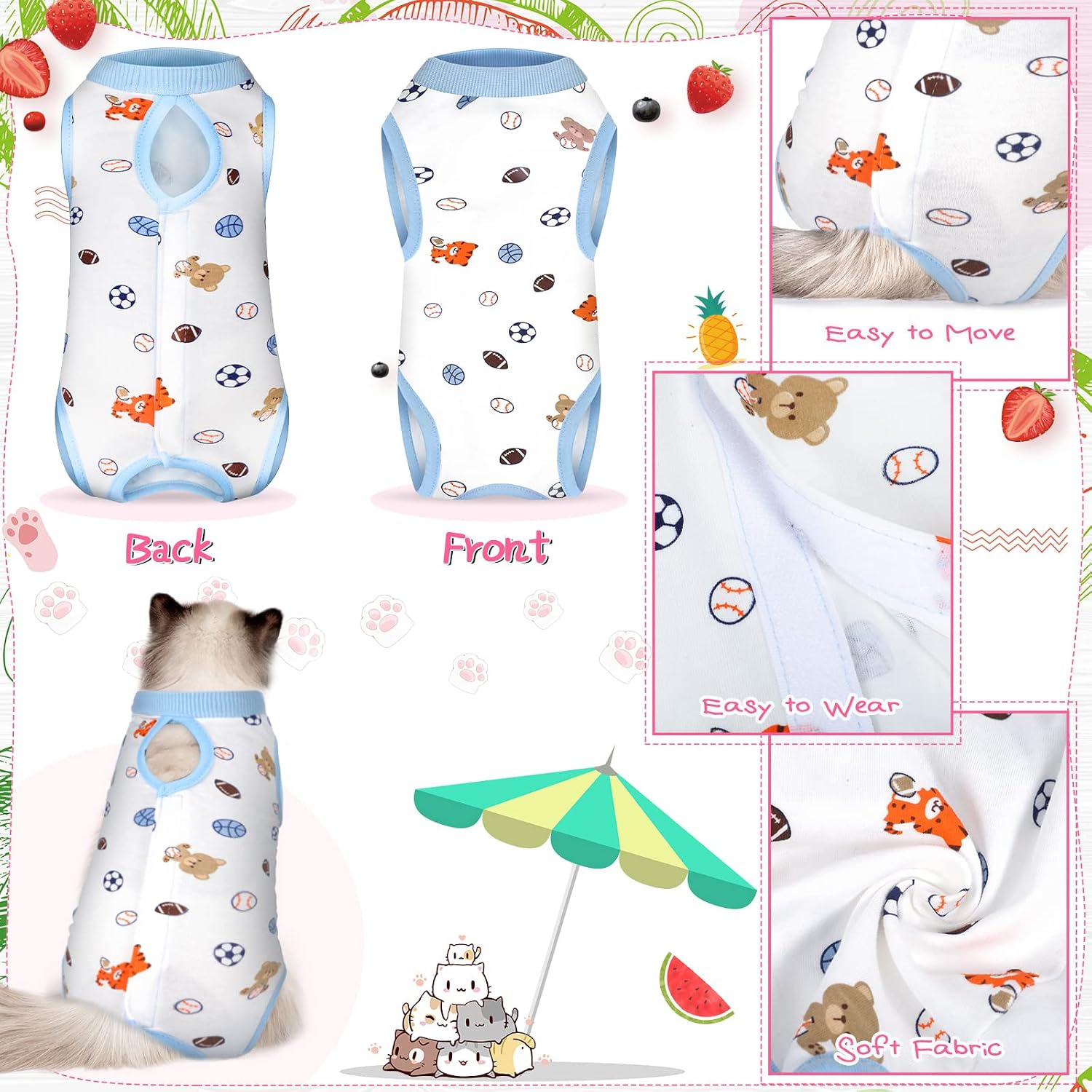 Nuanchu 3 Pieces Cat Recovery Suit Kitten Recovery Suit E-Collar Alternative for Cats and Dogs Abdominal Skin Anti Licking Pajama Clothes Sets(Large,Strawberry Style,Colorful)