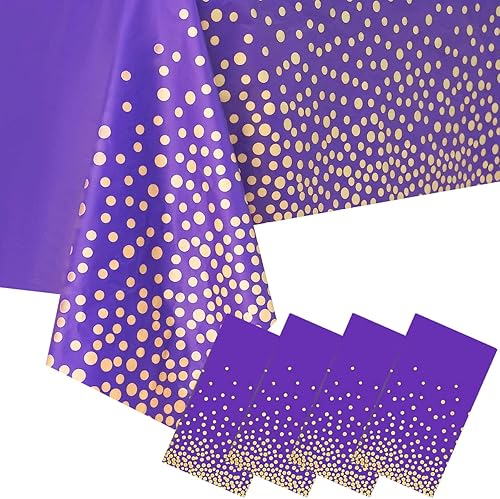 Jepeux 4 Empaquetado Mantel de Plástico Morado y Dorado, 54 pulgadas x 108 pulgadas Rectangular Desechable con Lunares para Fiesta, Adecuado para