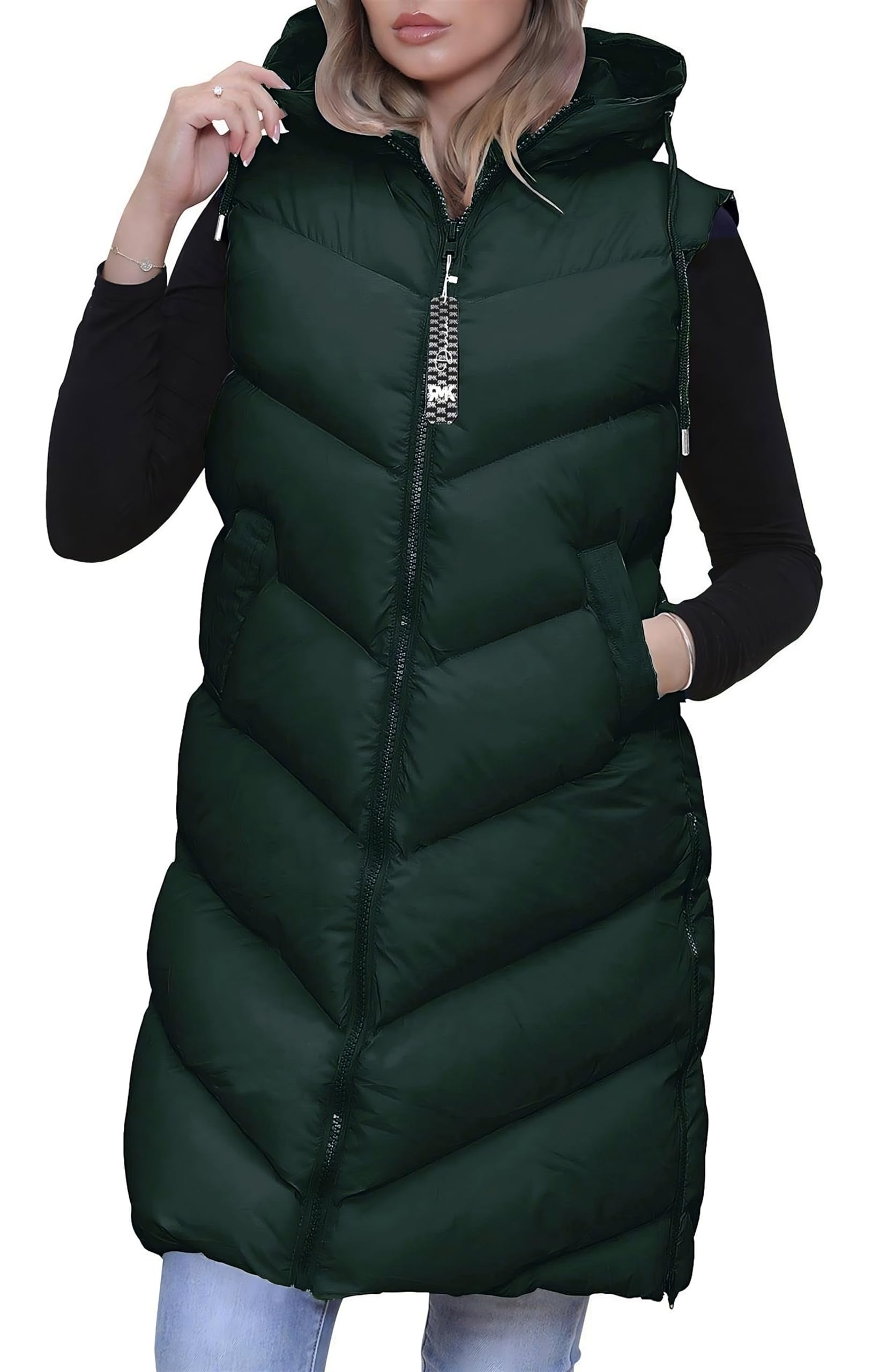 RMK Longweste Damen Steppweste Lang Weste Mantel Ärmellos Jacke Outdoor Warm Winter mit Kapuze We.701
