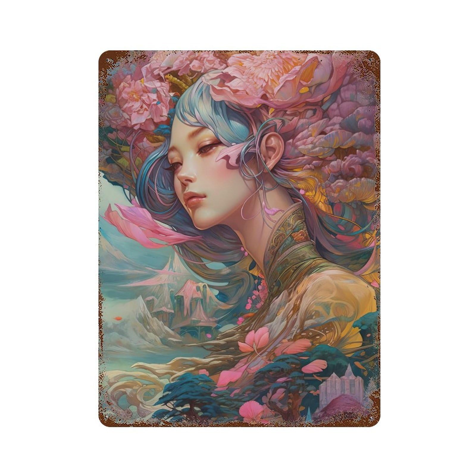 Fantasy Floral Fantasy Artwork Aged Metal Wall Plaque 15.7"x11.8", for Office, Studio And Wall Decor, Novelty Wall Decor
