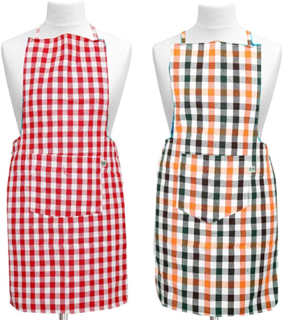 Kuber Industries Checkered Cotton 2 Piece Kitchen Apron with Front Pocket Set - Multicolour