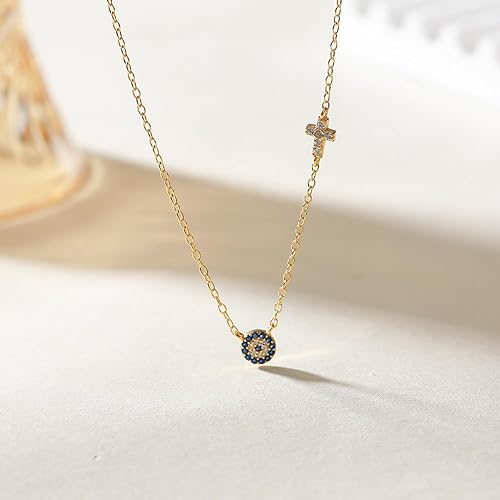 Miniatura 5 de SUYACS Collares de oro contra el mal de ojo para mujer, plata de ley 925, collar con colgante de cruz pequeña, circonita cúbica azul, cadena de