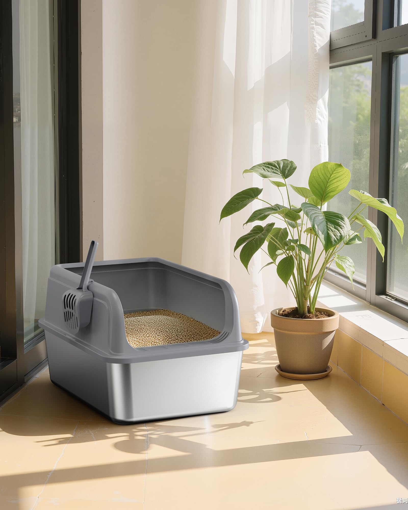 Stainless Steel Cat Litter Box, Metal Kitty Litter Box with Scoop, Anti-Leakage Top Entry, Non-Sticky, Easy to Clean, Grey, 13.5" × 17.3" × 11"
