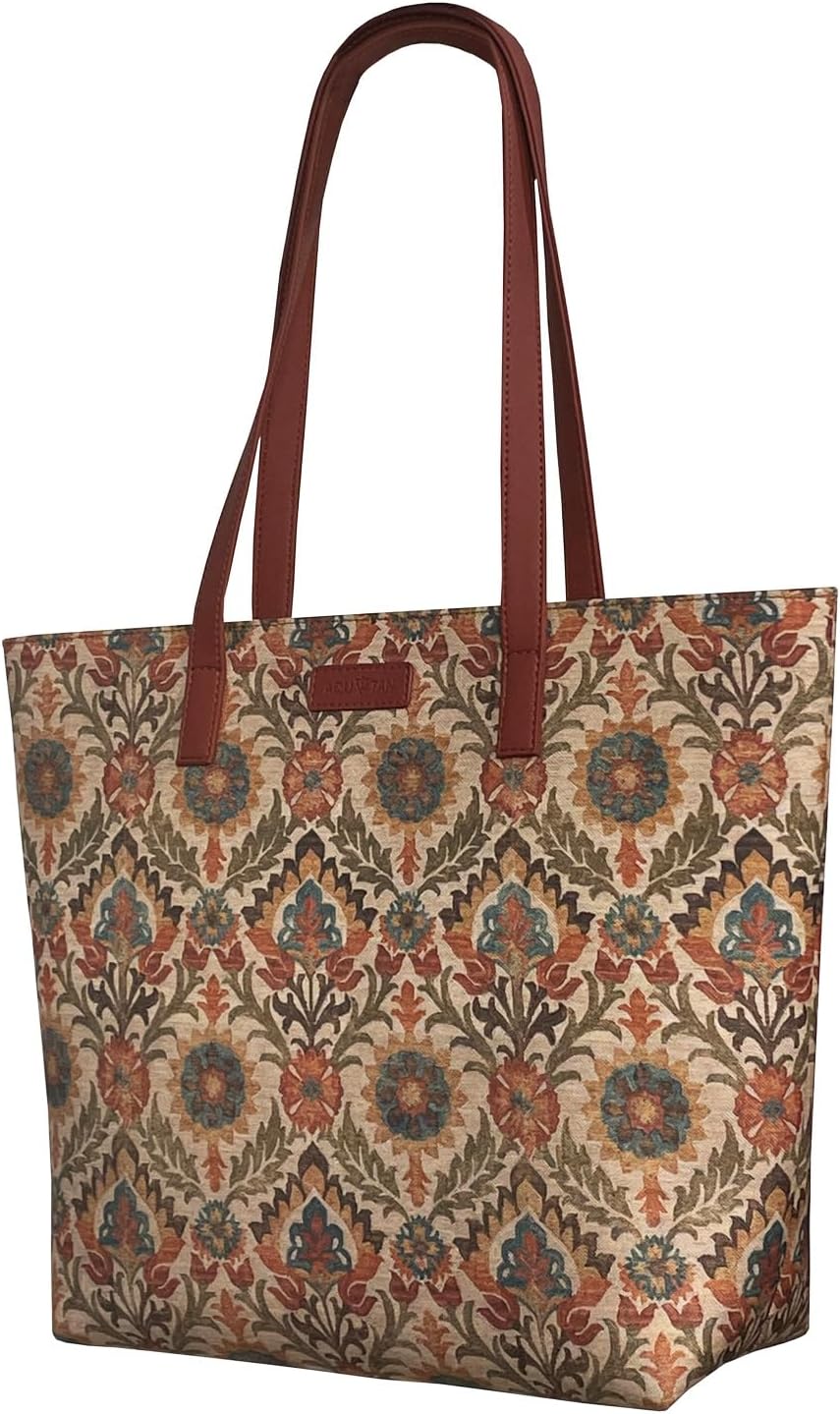 Spacious Dark Red Floral Canvas Block Tote Bag for Women with 2 Pockets Ideal Large Shoulder Tote Bag and Handbag for Work, College, and Office Use