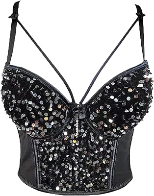 VEENDEO Women's Sequin Bustier Crop Top Mesh Corset Top Push up Rhinestone Diamond Bra Club Party Vest Detachable Straps