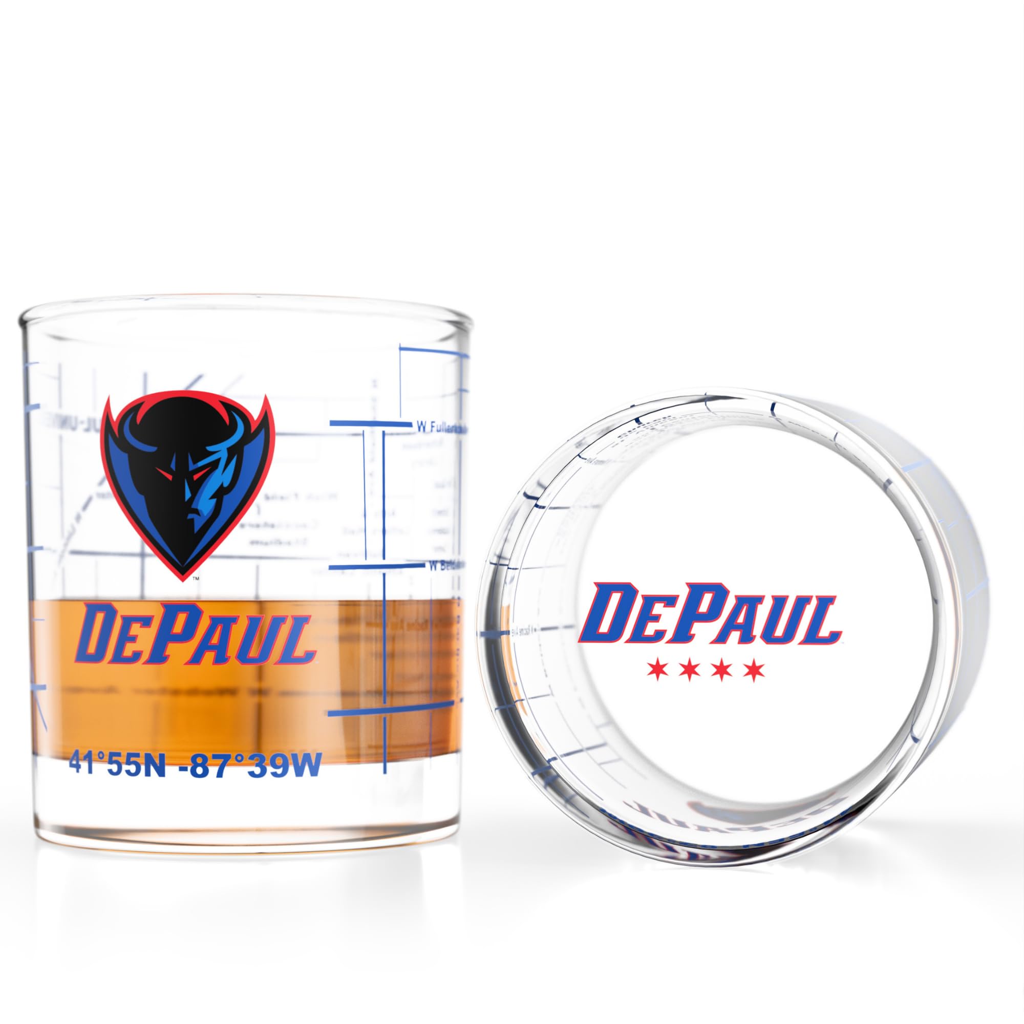 Greenline Goods DePaul University Blue Demons Whiskey Glasses Set of 2, 10 oz Rocks Glasses with Full-Color Logo &amp; Campus Map – Officially Licensed Bourbon Glass Gift for Alumni &amp; Fans