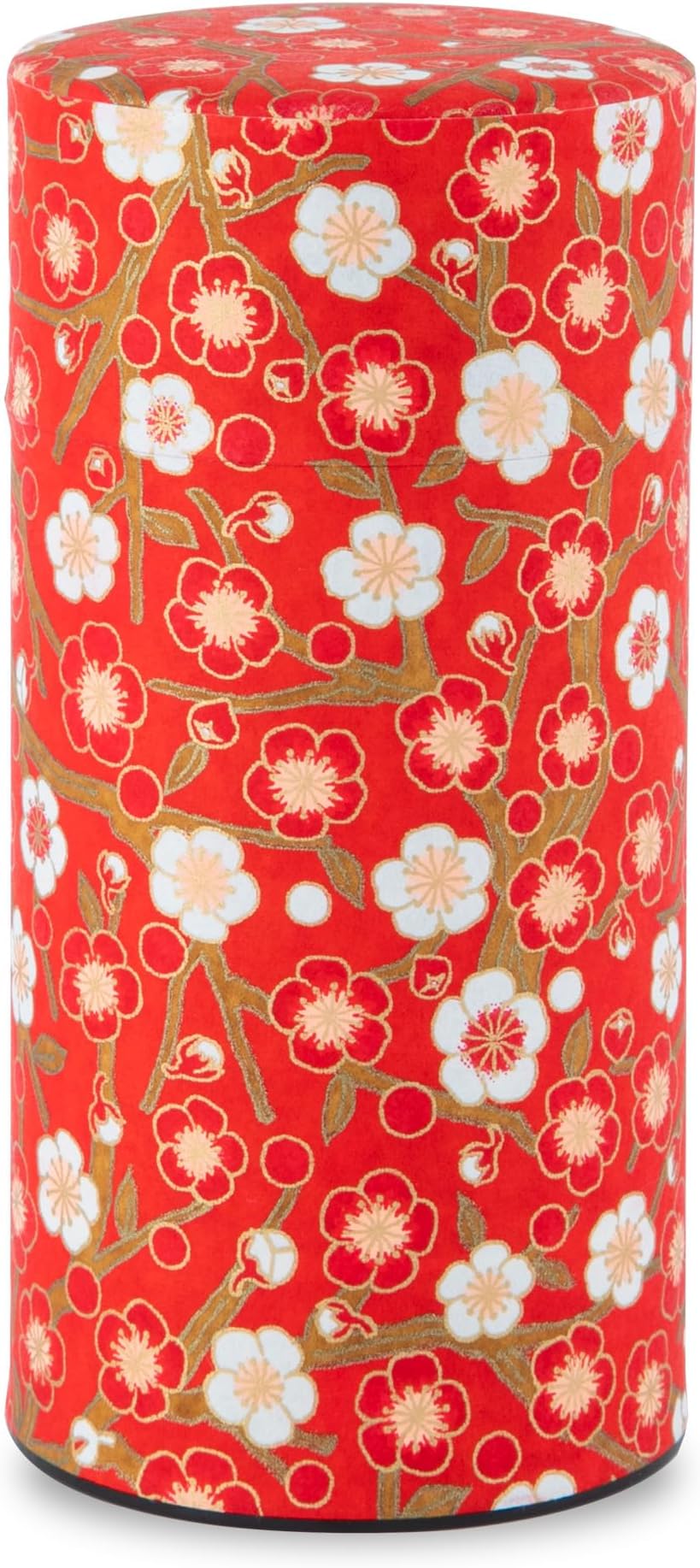 NORENJapanese Tea Canister Tin (Yuzen Washi Paper - Plum/Red), 7.06oz Size/Made in JAPAN with Includes Inner Lid of Airtight Damp-Proof/Kitchen Jar for Loose Leaf Coffee Tea Spice and More