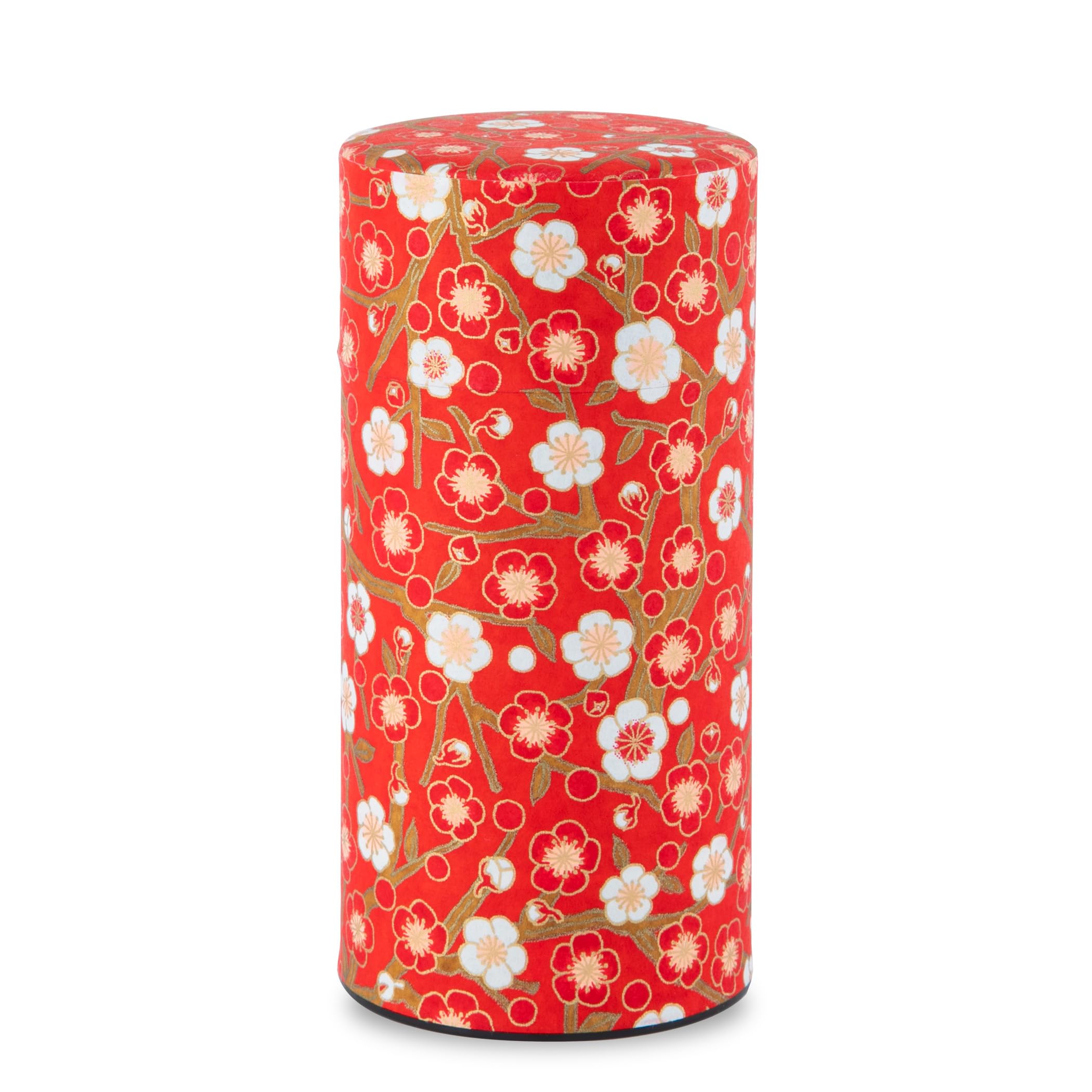 NORENJapanese Tea Canister Tin (Yuzen Washi Paper - Plum/Red), 7.06oz Size/Made in JAPAN with Includes Inner Lid of Airtight Damp-Proof/Kitchen Jar for Loose Leaf Coffee Tea Spice and More