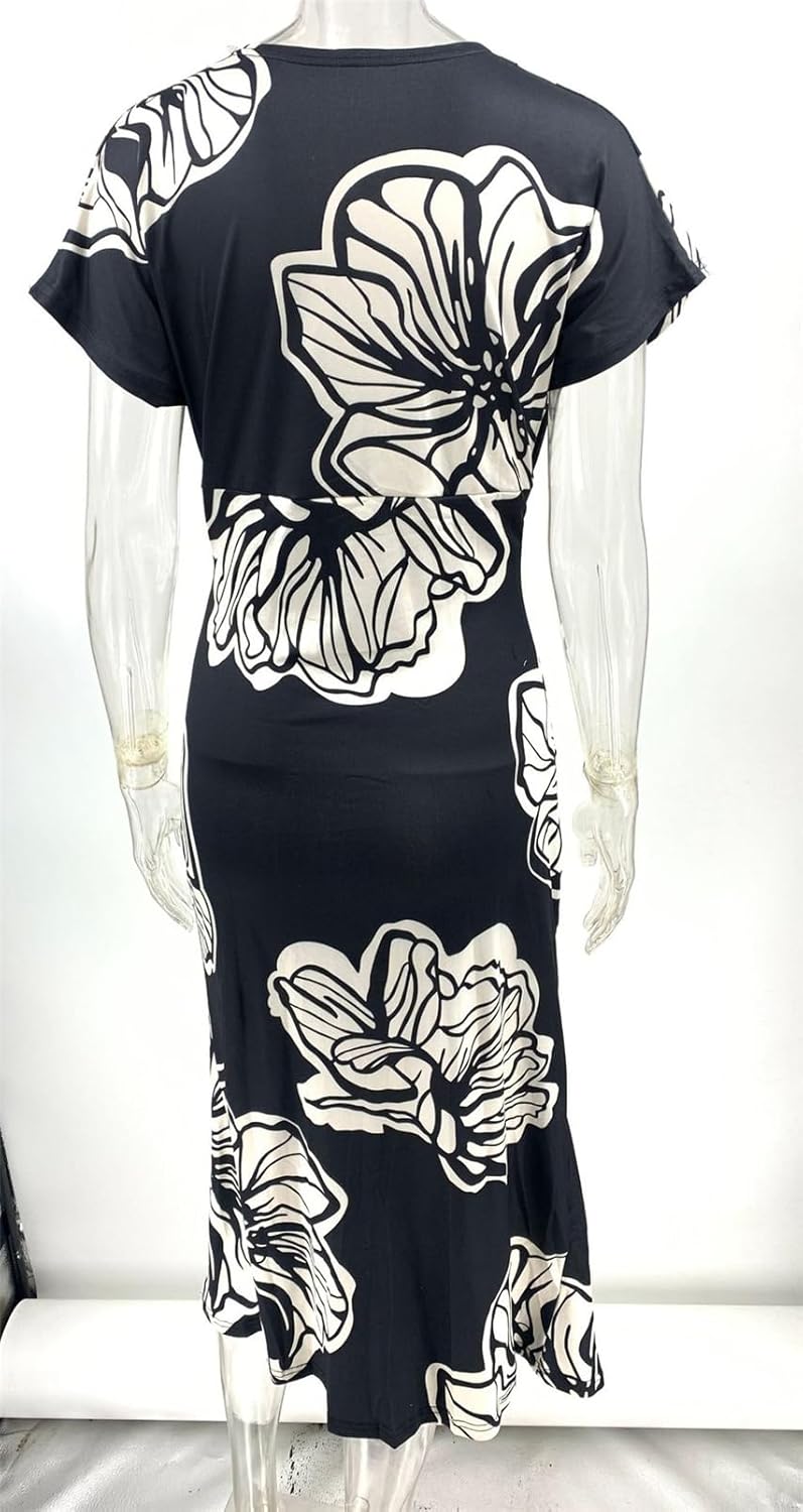 Recious Womens Sexy Short Sleeve Deep V Neck Printed Ruched Ruffles Bodycon Party Clubwear Dress - Image 6