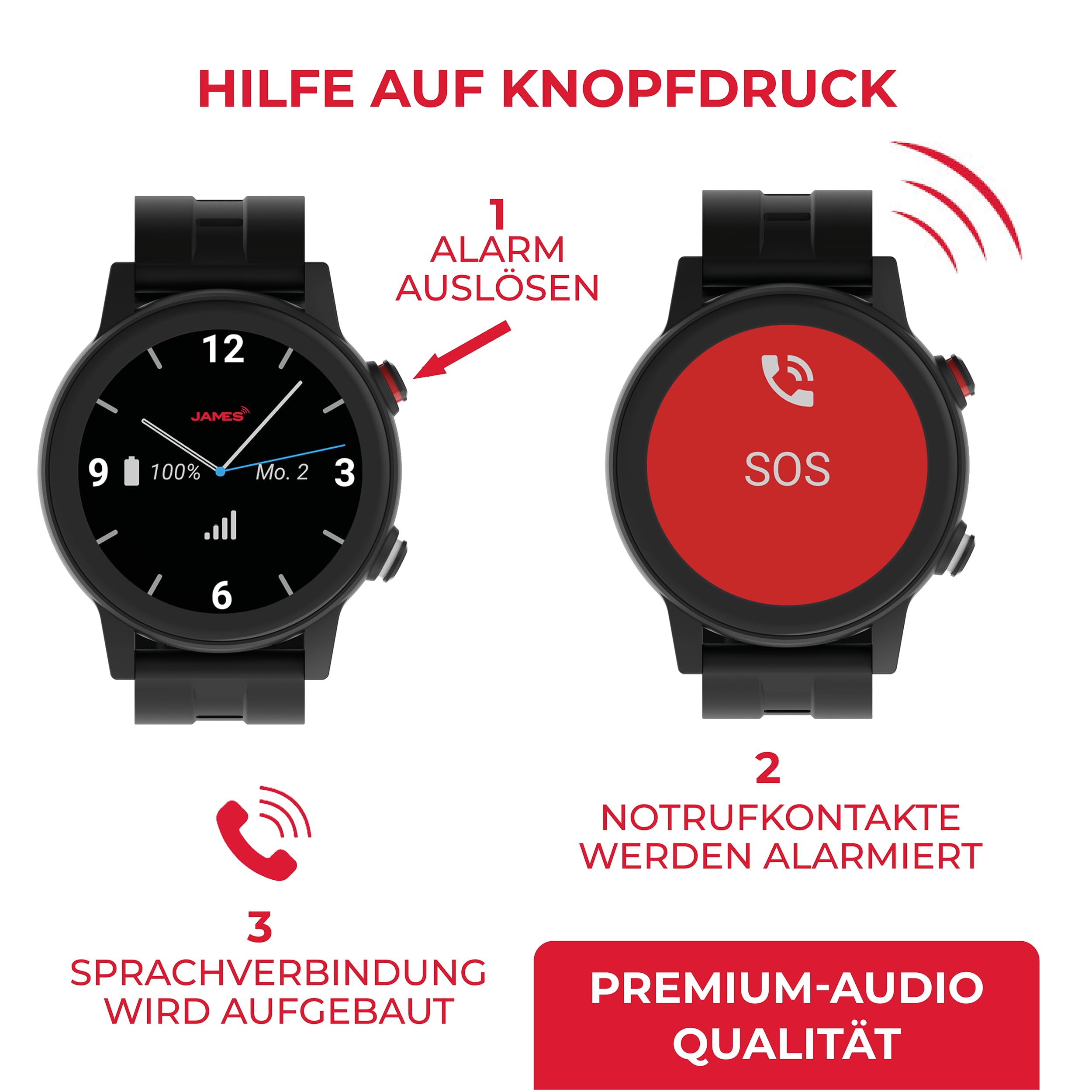 James R9 (schwarz) Notruf– GPS Ortung, Sturzerkennung, Notrufknopf, Gesundheitsfunktionen & Familien-App inkl. SIM (Schwarz, R9)