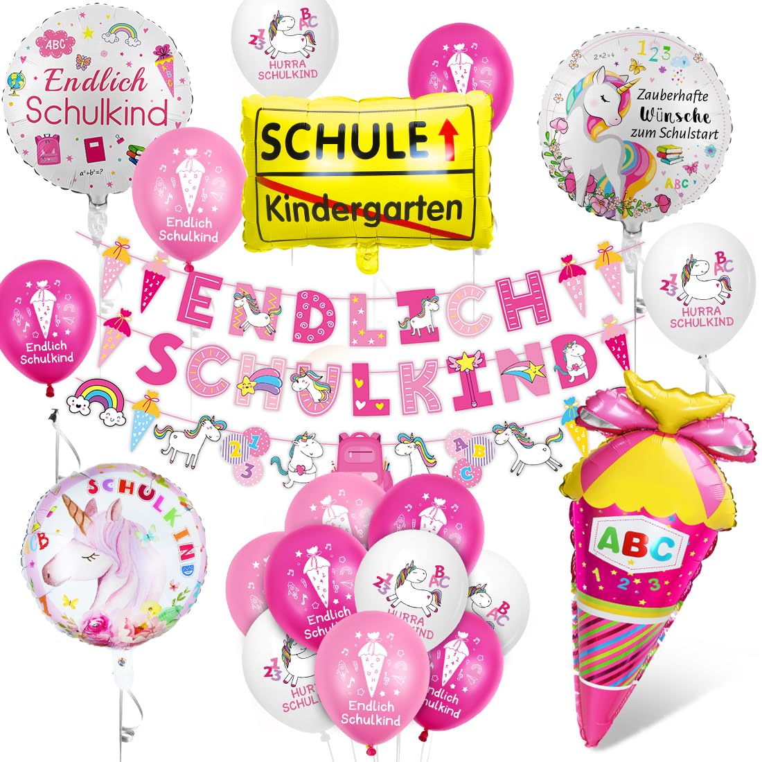 Decorazione per l'inizio della scuola a tema unicorno, palloncino in pellicola e striscione per bambini