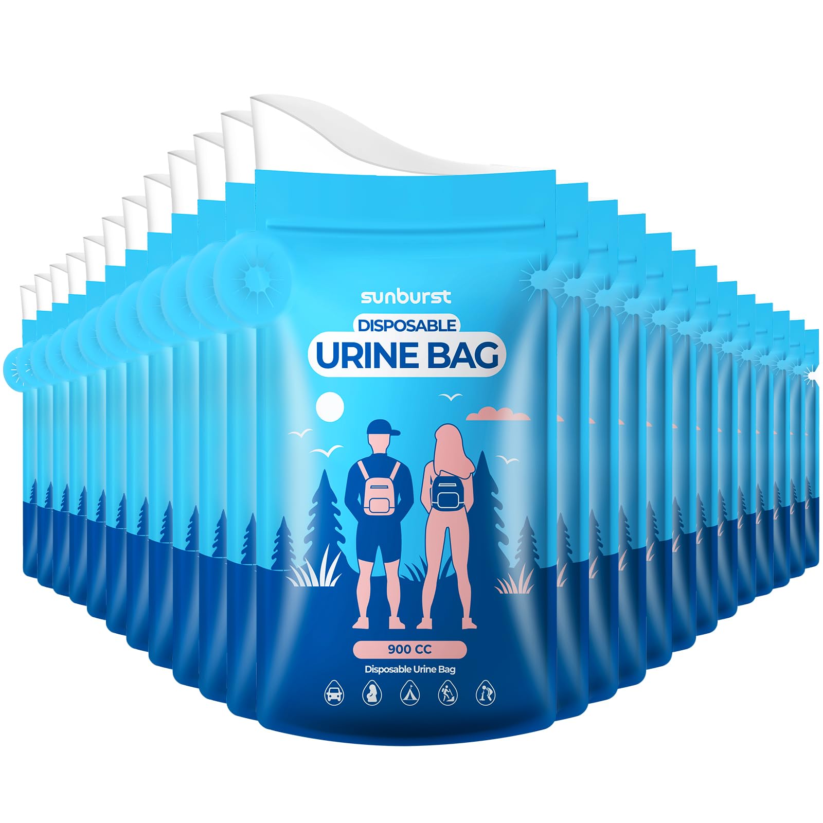 SUNBURST Bolsas de orina desechables para viajes para mujeres y hombres, 24 bolsas de orina desechables con embudo grande, bolsas de urinario de viaje portátiles de 900 cc para mujeres, hombres y
