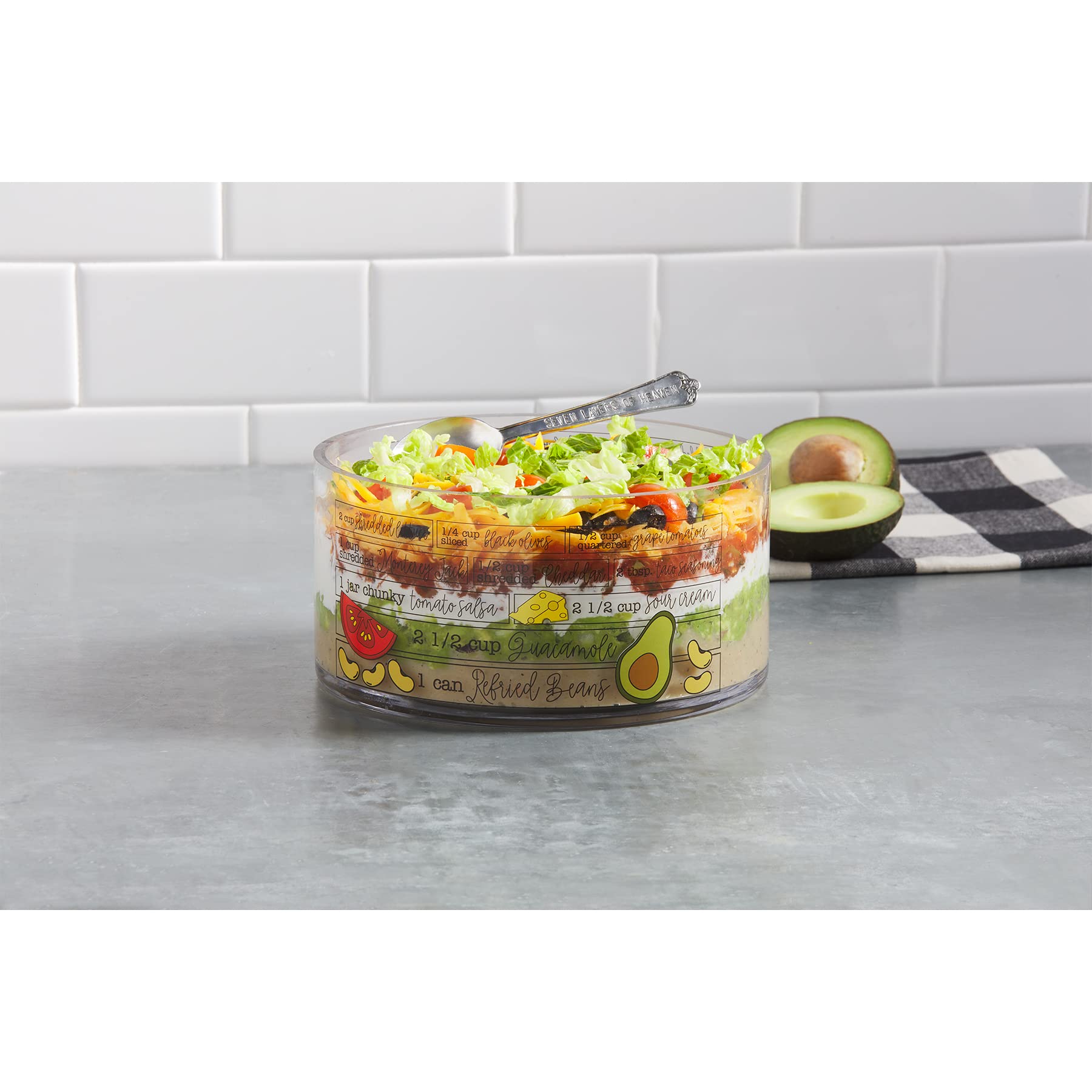 Mud Pie Glass Ingredients Bowl Set, 7 Layer Dip, bowl4 x 8" dia | spoon 6"