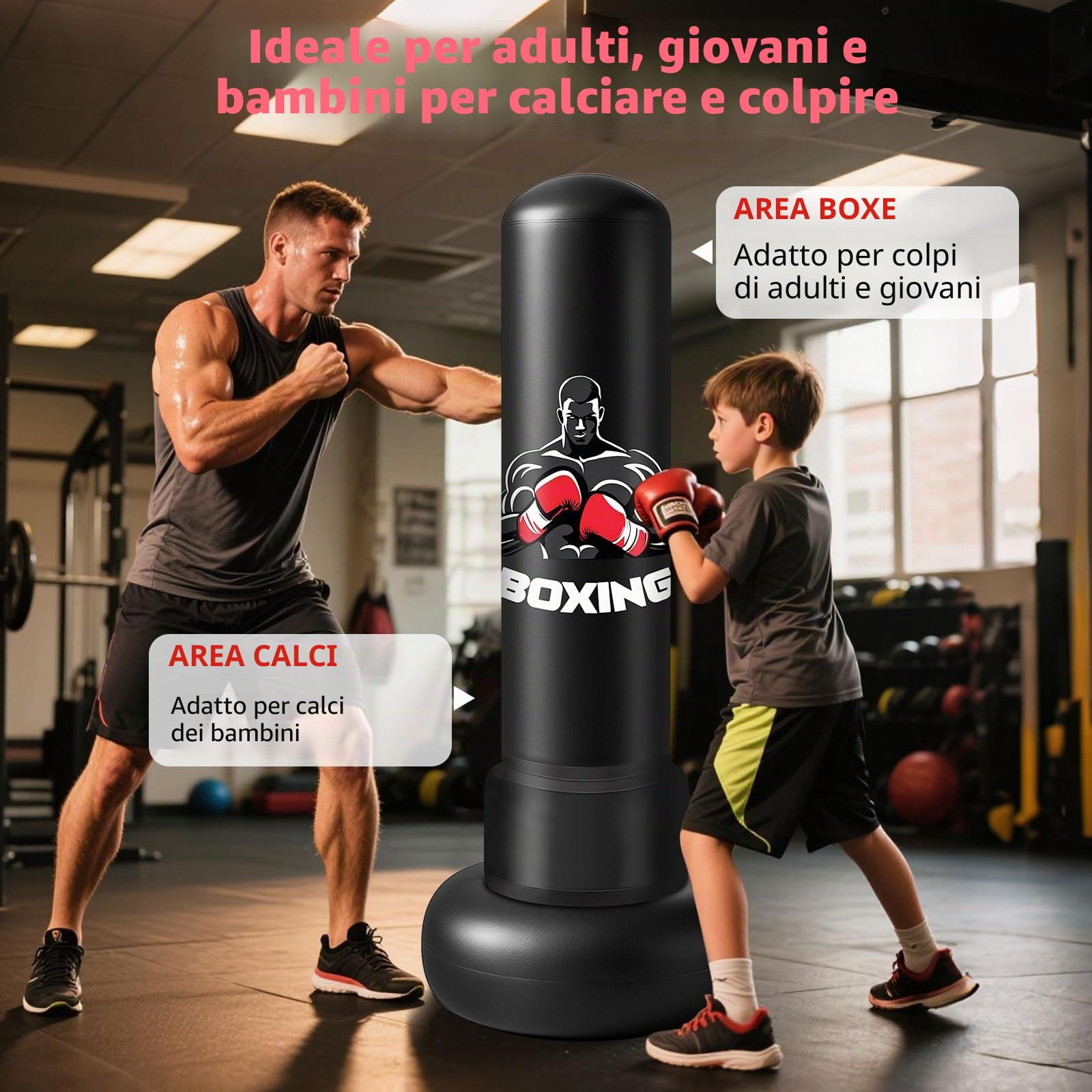 Qoosea Sacco da Boxe per Adulti, Stabile Pungiball Adulti Gonfiabile con Guantoni da Boxe, Sacchi da Boxe Gonfiabile per Pratica di Taekwondo Muay Thai Karate MMA Fitness