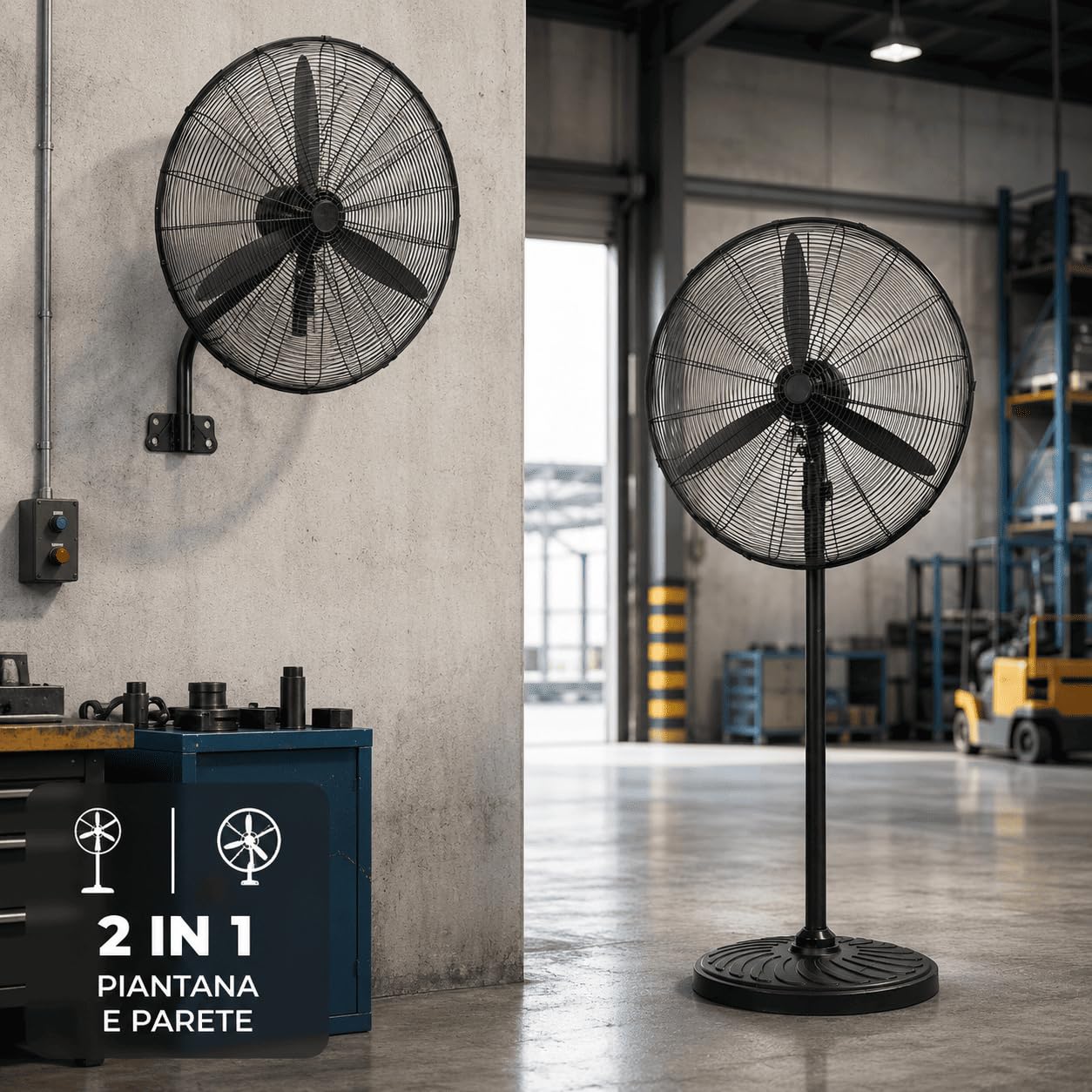 Ventilatore Industriale 2 in 1 a Piantana e Parete Ø66 cm 130W con Staffa da Muro Inclusa, Oscillazione, Altezza 160 cm, 3 Velocità, Pale in Metallo Professionali