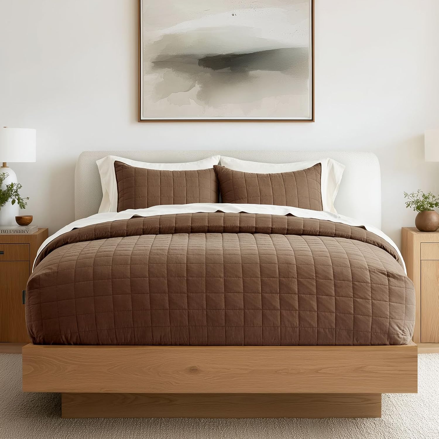 EVERGRACEHOME 100% Cotton Box Stitch Quilt Bedding Set Queen Size 3 Pieces, Garment-Washed Lightweight Soft Cozy Coverlet, Quilted Bedspread Sets with 2 Shams for All Season, Sienna Brown