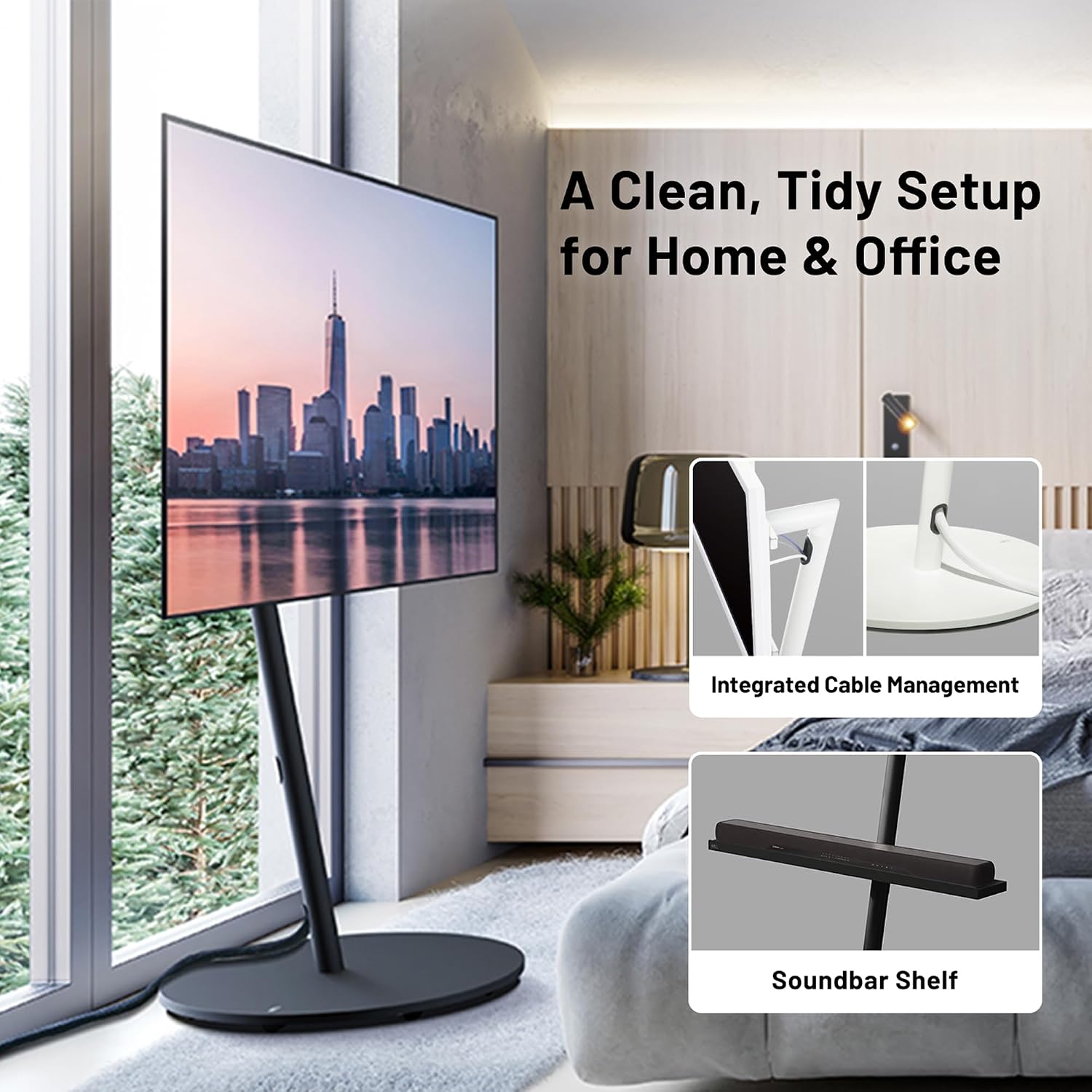 WALL Seven Stand A2 Grand | Rolling TV Stand for 45–80" w/ 37.4" Soundbar Shelf | Satin White | Portable TV Stand with Shelf | Height Adjustable, Space Saving, for Living Room, Bedroom and Office