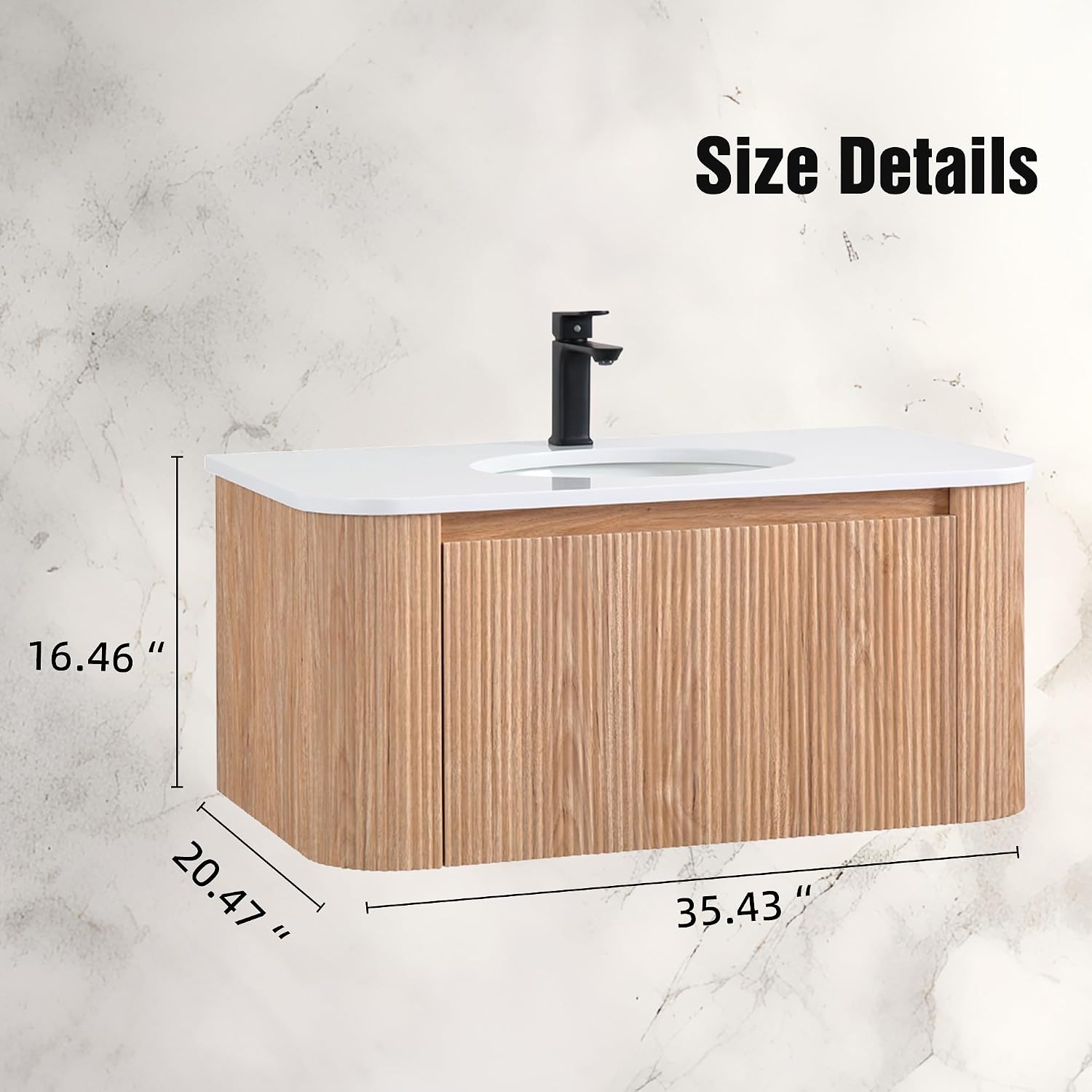 36" Wall Mounted Bathroom Vanity with Sink - Curved Wave Texture Wood Finish, Integrated Cultured Marble Basin, Pre-Assembled Floating Cabinet & Soft-Close Drawer, Natural Wood