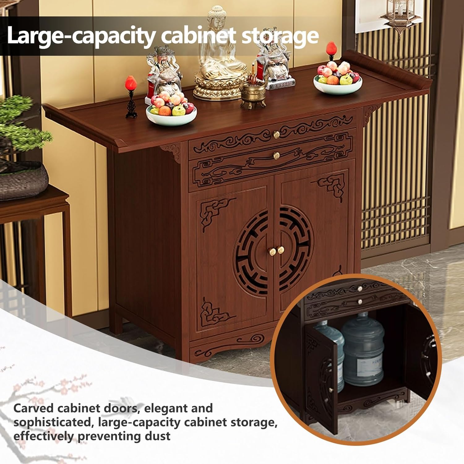 Altar Table with Storage, Large Pooja Cabinet with Doors & Pull-Out Worship Shelf, 26–47.2'' Wide Shrine Table for Home, Office or Temple Use, Multi-Tier Design for Prayer Items