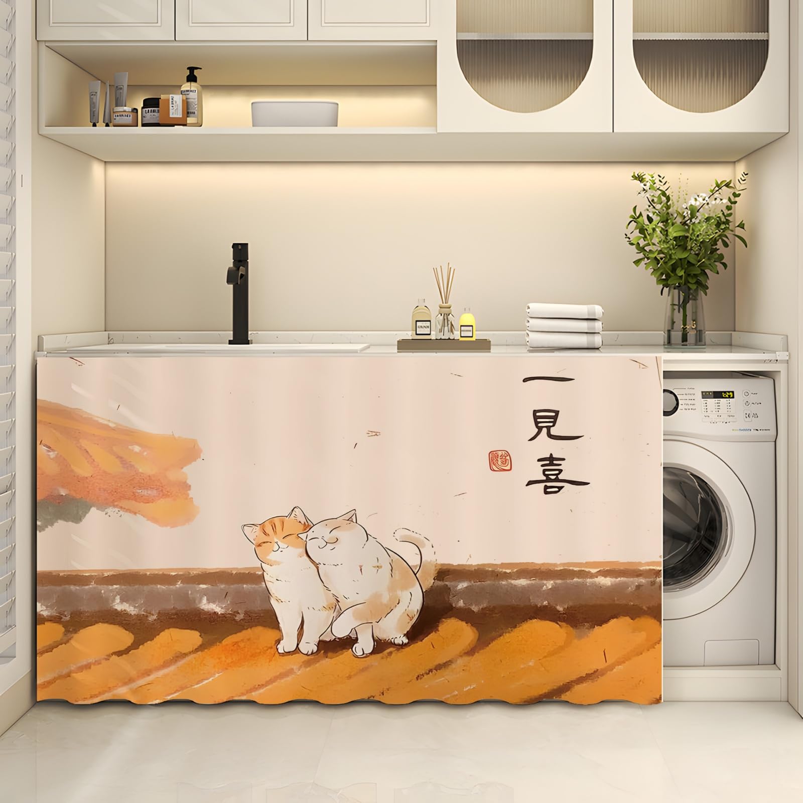 Fasbuy Cupboard Short Curtains Kitchen with Hook and Loop, Hide Away Small Curtains for Kitchen Cupboard Door - No Drilling Is Required for Under Sink, Bookcase, Bathroom (Country Cat5,H120xW100cm)