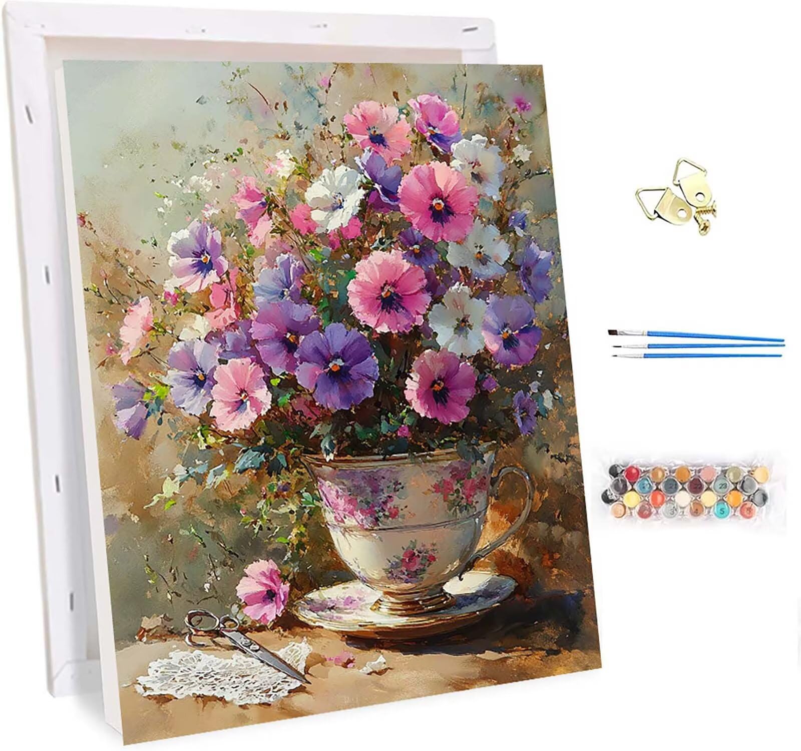 Blume Malen Nach Zahlen Erwachsene mit Rahmen, Malen Nach Zahlen Pflanzen, DIY Bastelset Erwachsene, Handgemalt Ölgemälde Kit mit 3 Pinseln und Acrylfarbe, Deko Wohnzimmer Geschenke 60x70cm T-9486