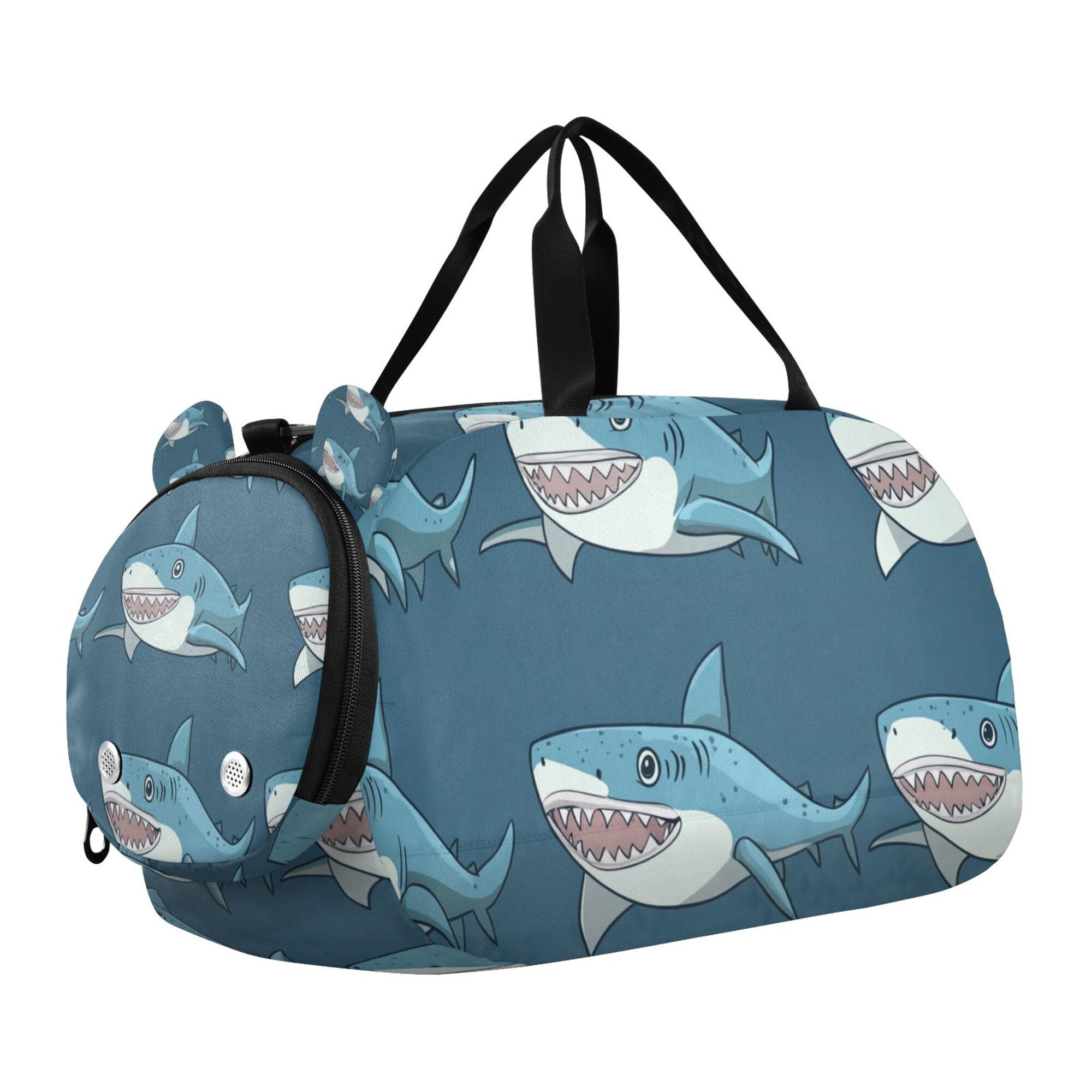 Glaphy Cartoon Sharks Duffle Bag for Toddler Boys Girls, Gym Sports Bag with Shoe Compartments, Kids Travel Overnight Weekender Shoulder Bag