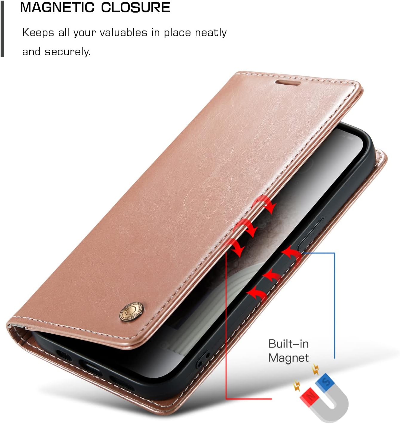 QLTYPRI Case for iPhone 12 iPhone 12 Pro, Vintage PU Leather Wallet Case Card Slot Kickstand Magnetic Closure Flip Folio Book Case Cover for iPhone 12 iPhone 12 Pro (6.1 inch) - Rose Gold