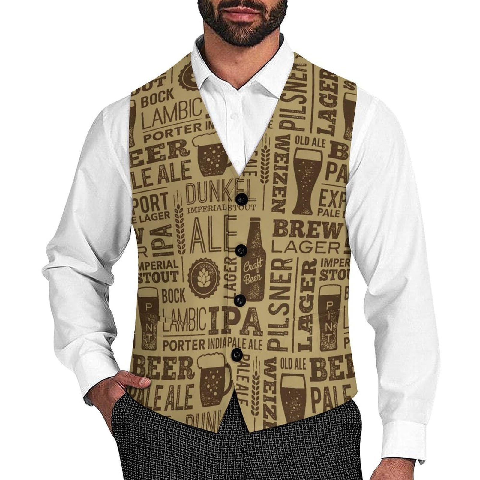 JIUFOTK Retro Beer Pattern Men's Suit Vest Slim Fit V-Ncek Waistcoat Business Casual Vest
