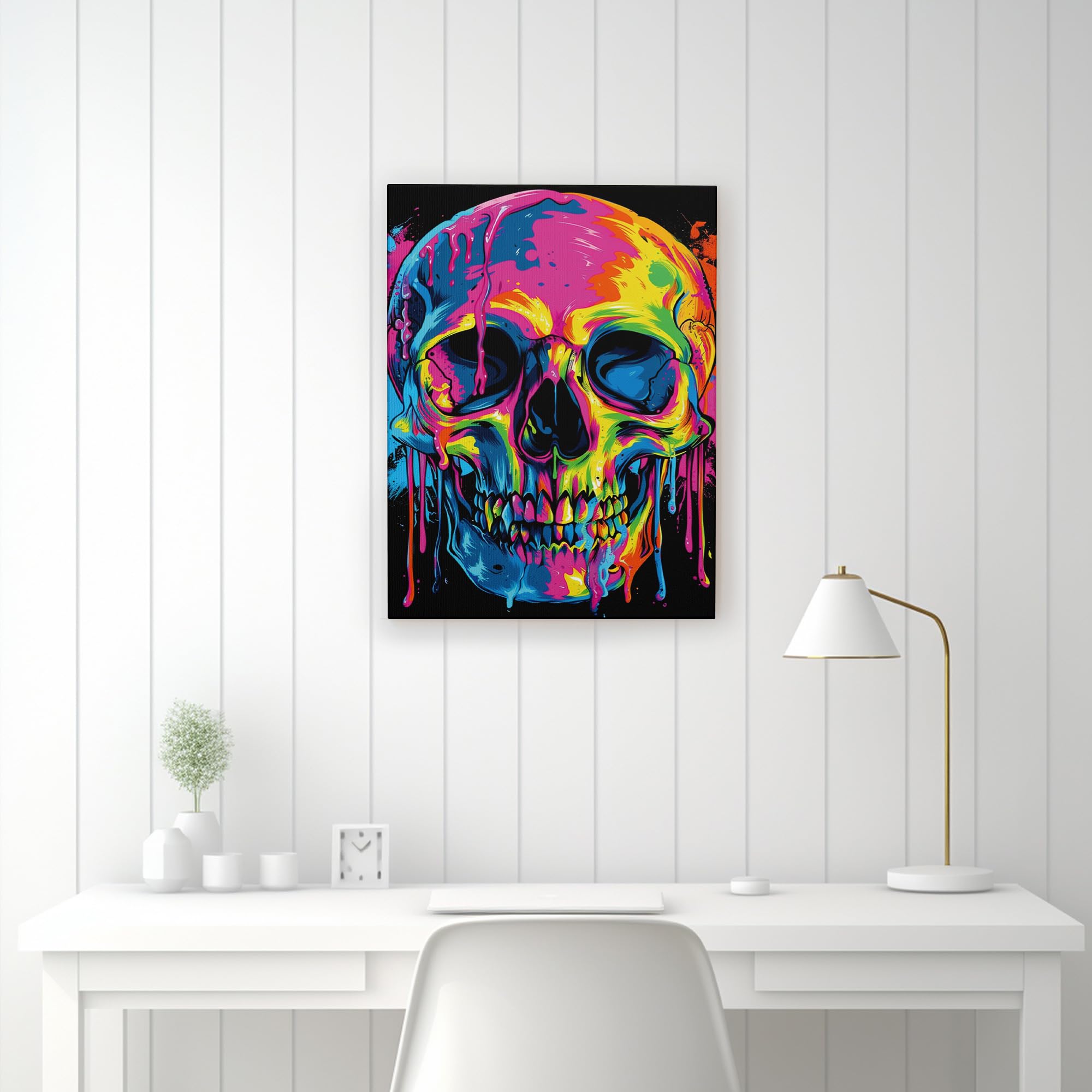 Colorful Skull Canvas Wall Art, Neon Dripping Paint Abstract