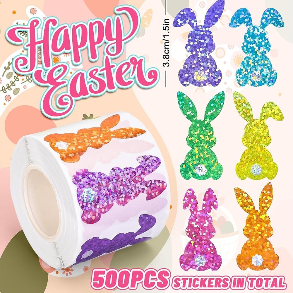 500PCS Easter Stickers Roll 6 Colors Spring Happy Easter Bunny Stickers 1.5in Holographic Self-Adhesive Decorative Label Sticker for Envelopes Scrapbook Gift Holiday Party Decorations