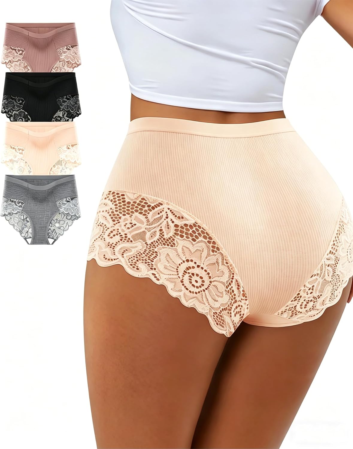 Sexy Lace Panties for Women Cotton Hipster Underwear High-Waist Underpants Cheeky Bikini Briefs, 4-Pack