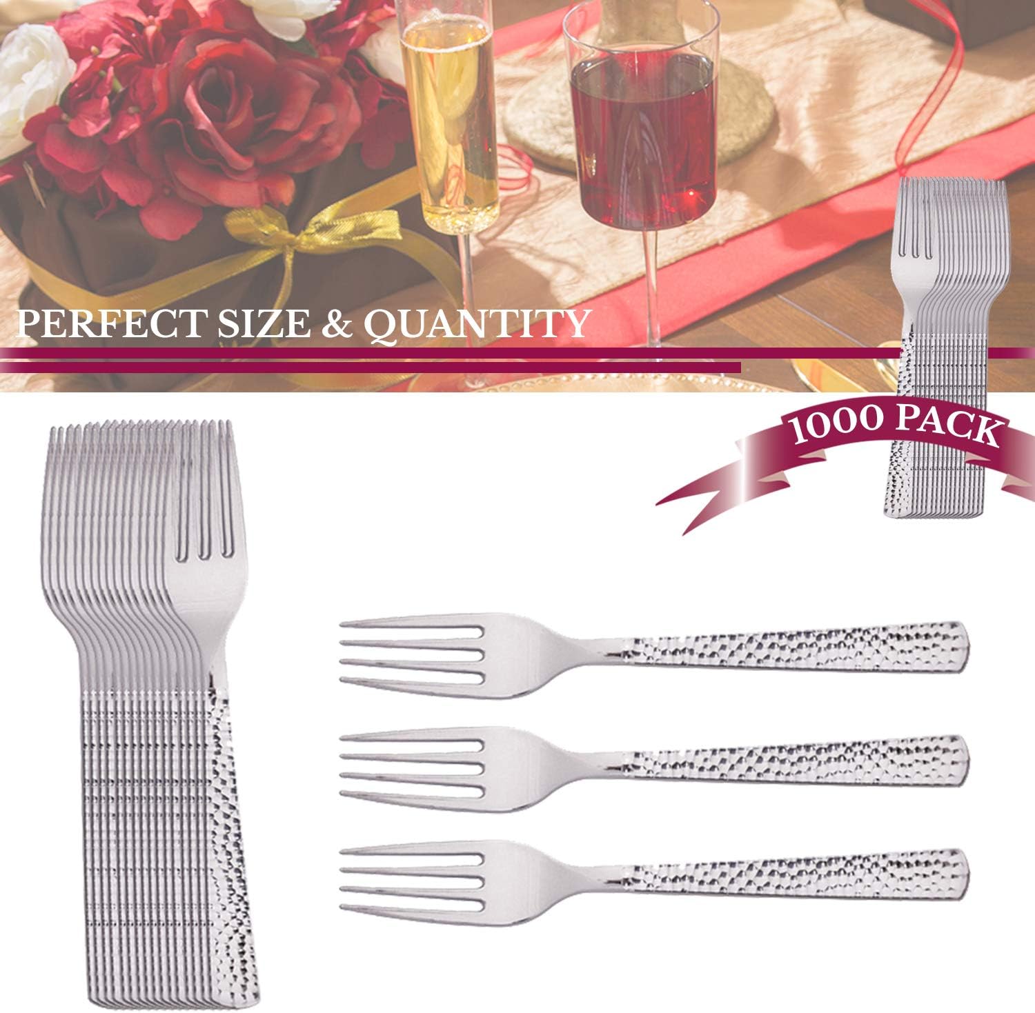 Plastic Silver Forks 1000 Pcs - Heavyweight Disposable Hammered Silverware - Heavy Duty Fancy Forks Set - Bulk Party Cutlery Utensils Flatware Set For Wedding, Birthday Parties & All Occasions