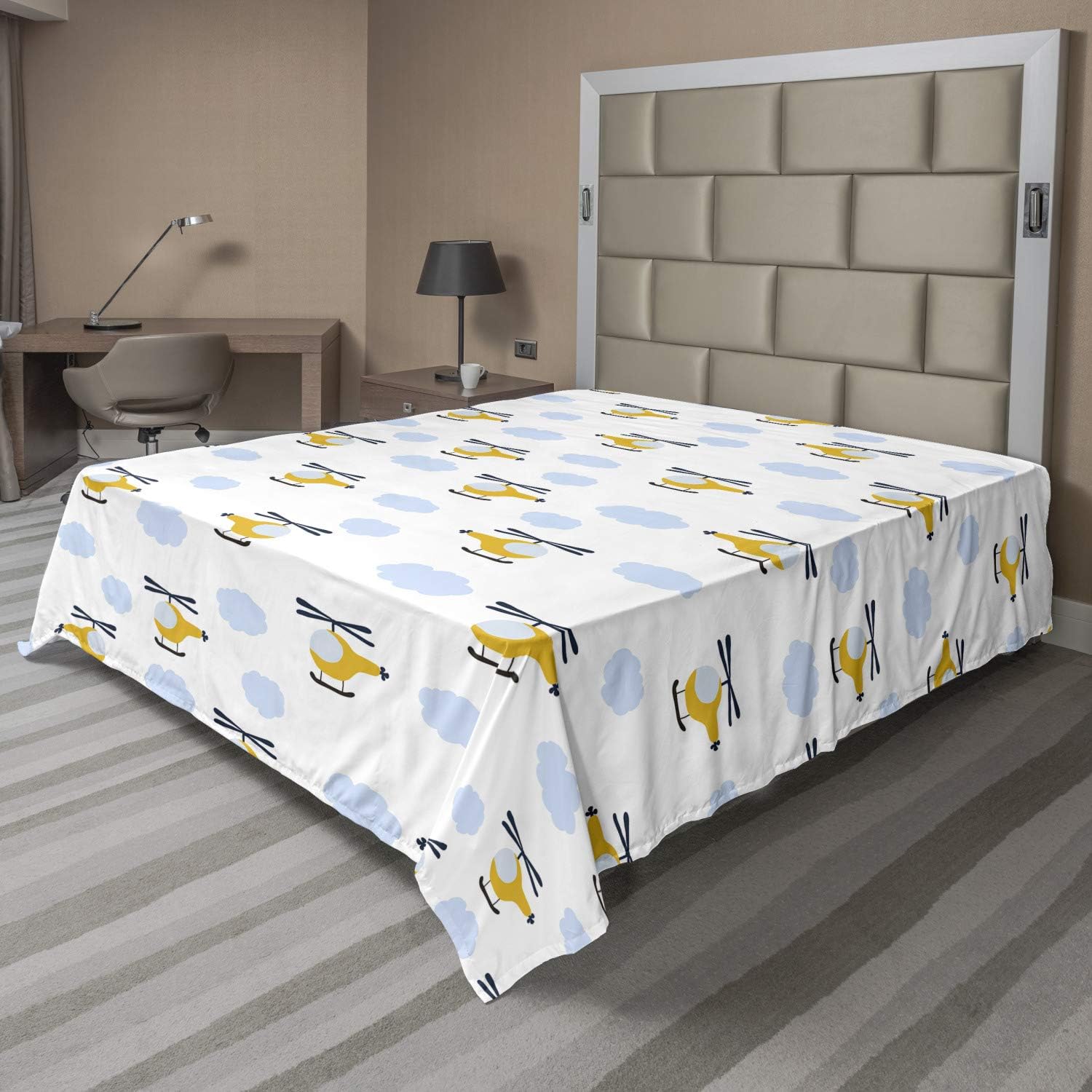 Ambesonne Cartoon Flat Sheet, Aircraft in Clouds Boys Girls hower Playroom Design, Soft Comfortable Top Sheet Decorative Bedding 1 Piece, Queen Size, Yellow Blue