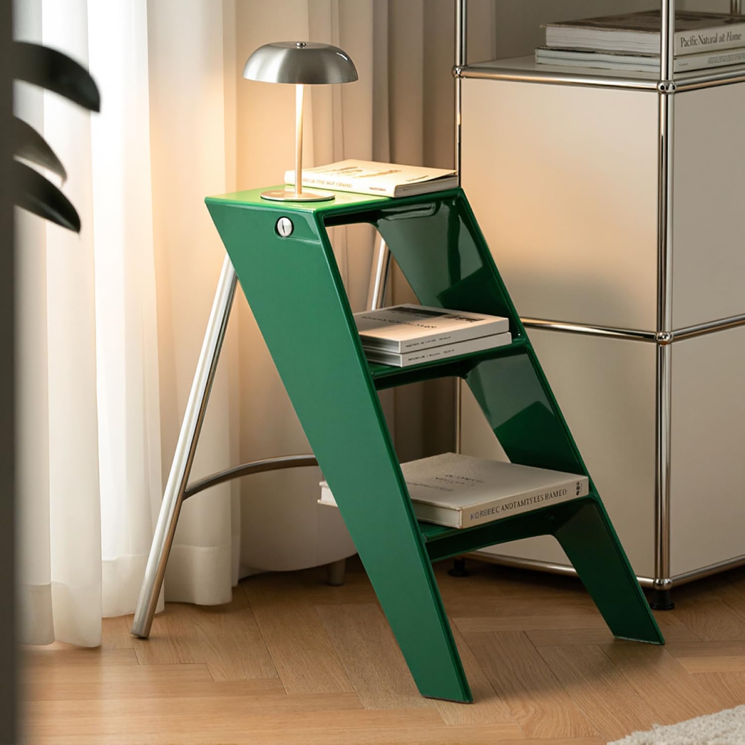 Home Folding Ladder Frame Indoor (Olive Green) - Multi-Functional Foldable Side Table Stool Ladder Bookshelf