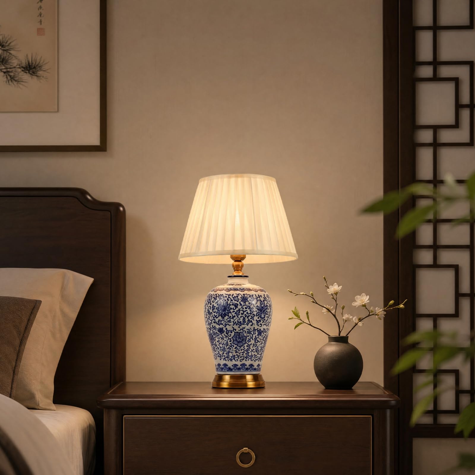 Lampada Da Tavolo In Ceramica Retrò, Lampada Da Comodino In Tessuto, Lampada Da Lettura Per Camera Da Letto Vintage Paralume Bianco Lampada Da Scrivania Stile Moderno E27 (F 58Cm)