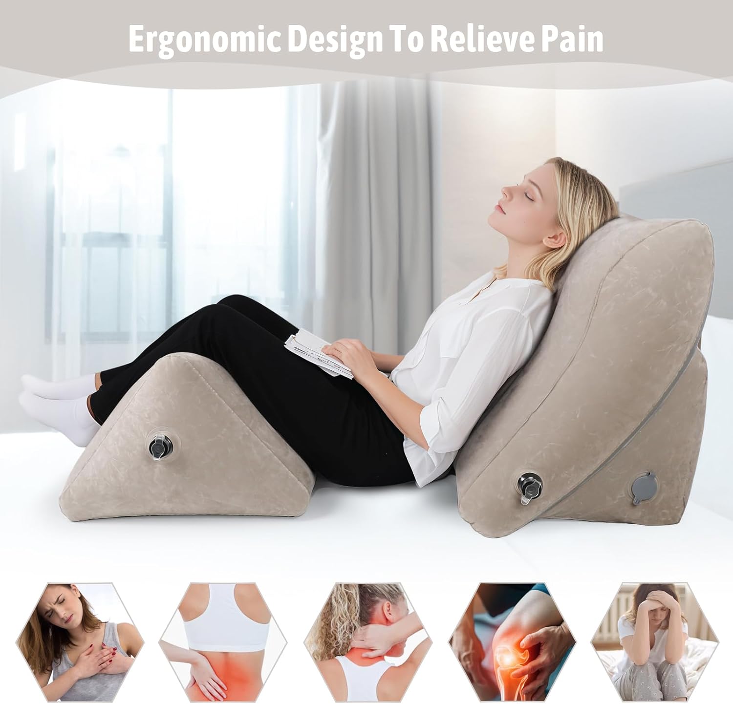 Inflatable Bed Wedge Pillow Set for Sleeping, 2PCS Inflatable Wedge Pillow for Traveling, Adjustable Back Pillow for Bed Sitting up, Reading, After Surgery, Knee & Back Pain, Acid Reflux, GERD, Grey