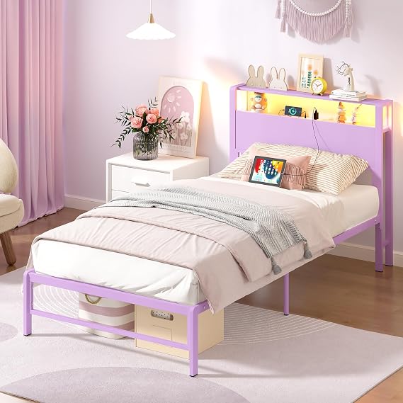 Weehom Twin Bed Frames with 2 Tiers Wood Storage Shelves Headboard Kids Bed