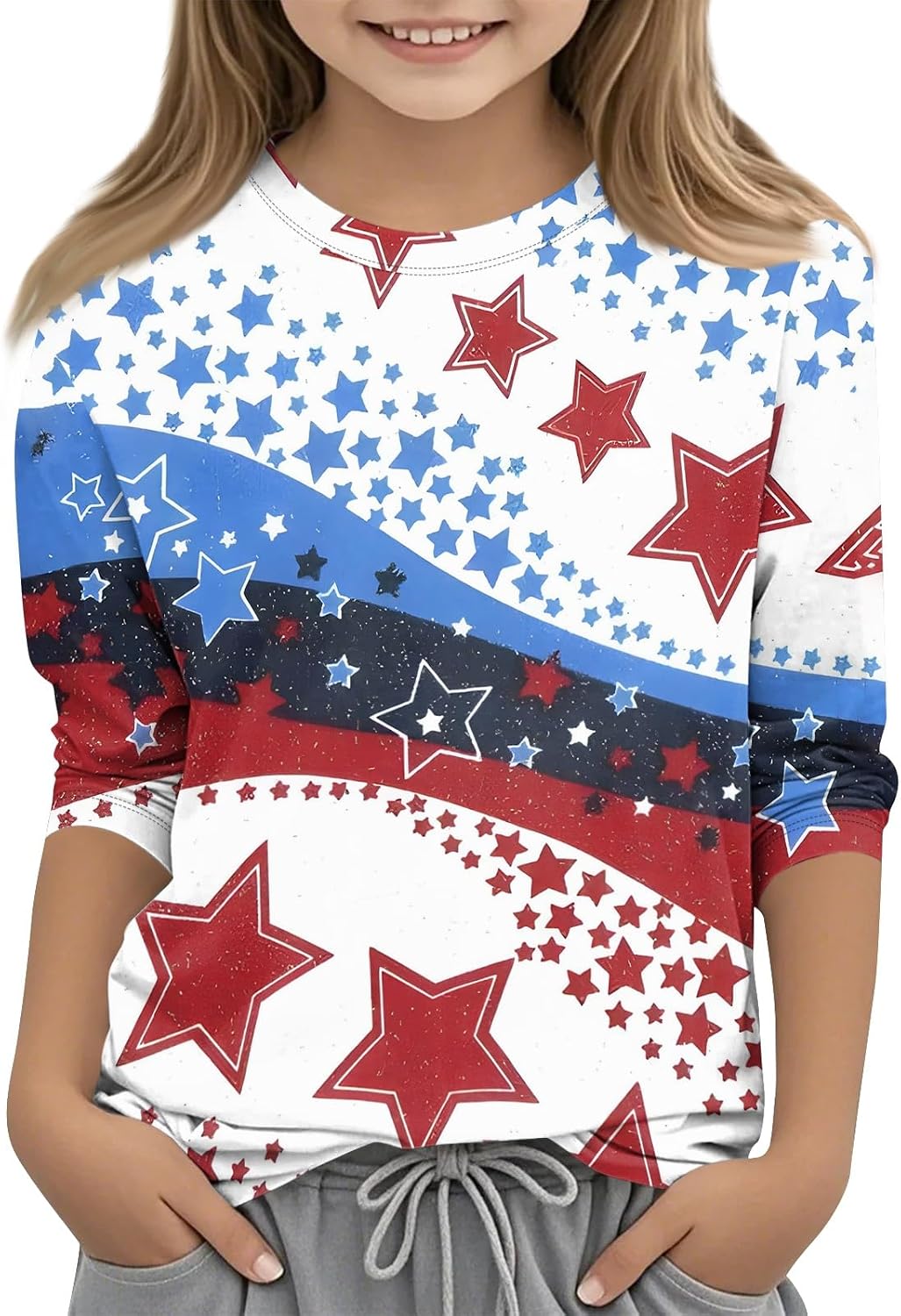 Girls Summer Three Quarter Sleeve Tshirt 4Th of July Patriot Clothes Kids Crewneck T-Shirt 250 Anniversary USA Outfits