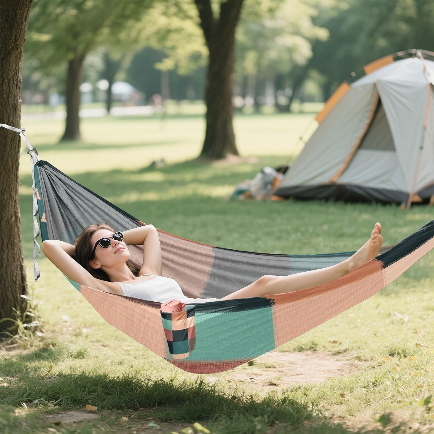Buffalo Plaid Check Rose Gold Outdoor Hammocks Tree Hammock for Camping Travel Accessories