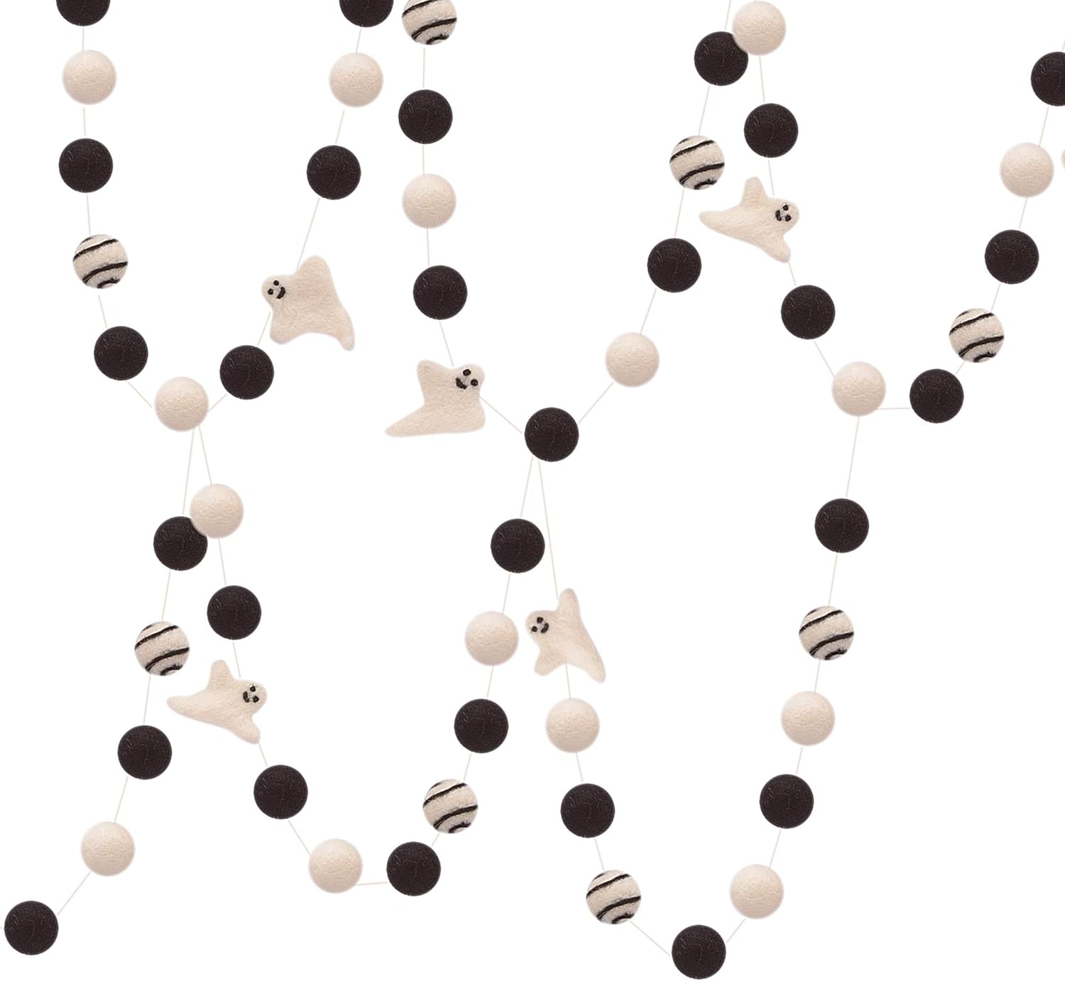 Glaciart One Felt Balls + Ghost Garland - Easy to Hang Halloween Party Banner Decoration - 100% New Zealand Wool, Hand-Felted in Nepal - 5' Long, 35 White & Black Pom Poms, 4 Ghost Ornaments