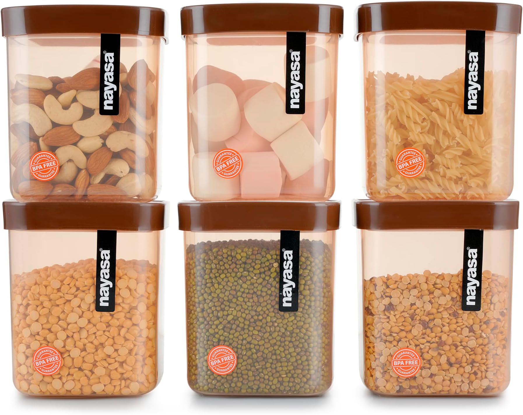 Nayasa Fusion 1000 ml BPA Free Food Grade Airtight Kitchen Storage Stackable Containers - Set of 6 | Brown