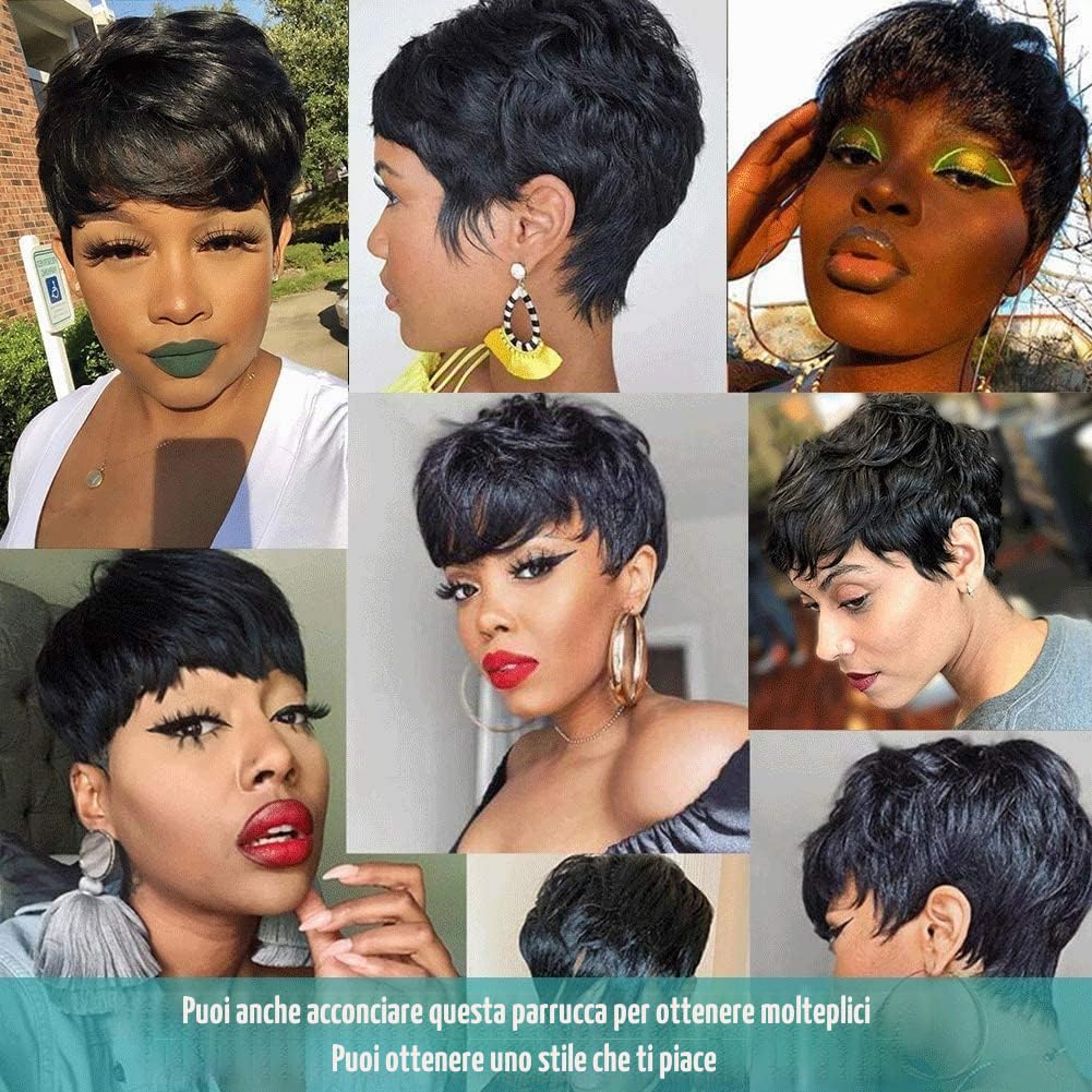 Parrucca Donna Capelli Veri Umani Corti Pixie Cut Wigs Short Human Hair Wigs for Women Straight Boy Cut Ladies Wigs Nero Natural 1B